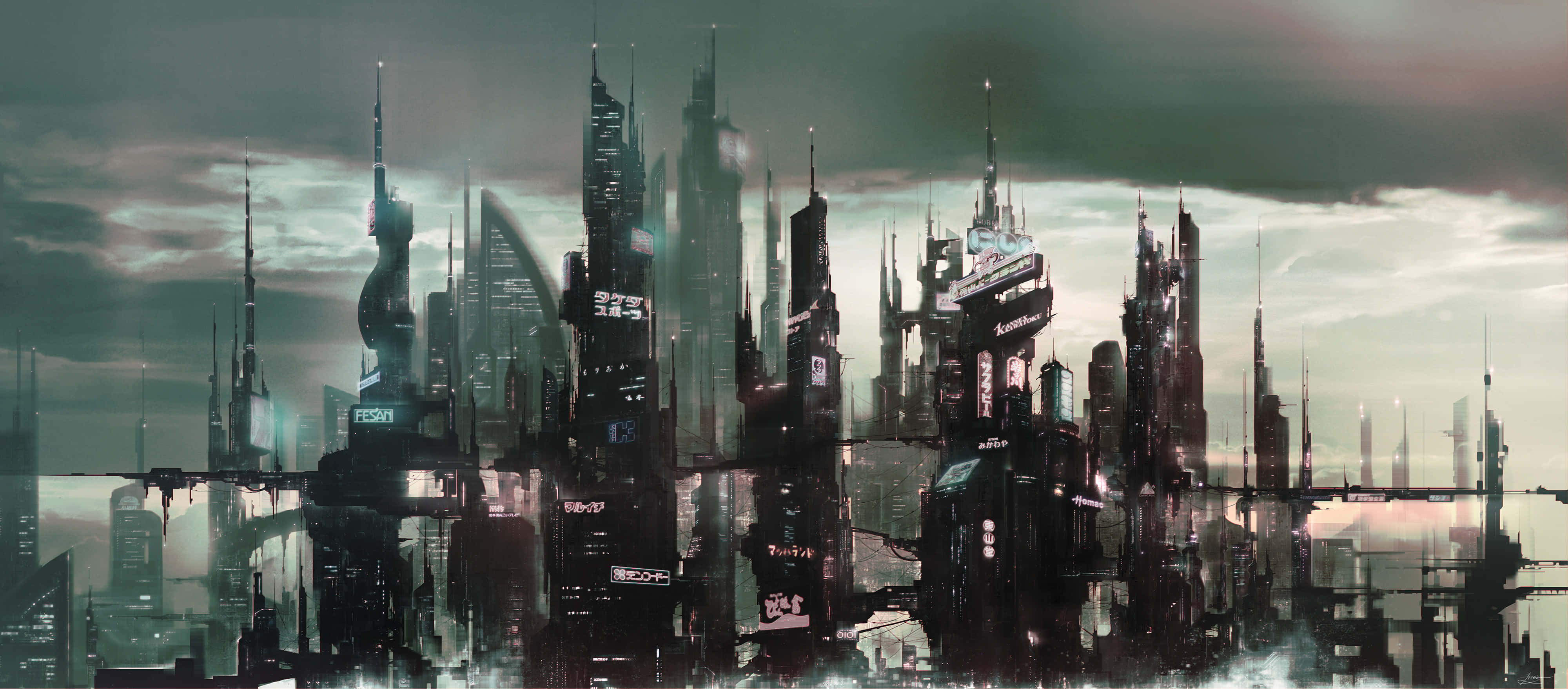 Future City 桌布 壁紙 — 陰沉天空下，高聳摩天大樓倒映在水中的反烏托邦城市景觀。