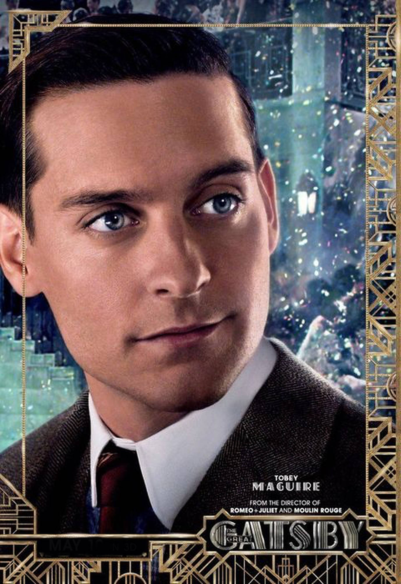Tobey Maguire 桌布 壁紙 — 陶比·麥奎爾飾演蓋茨比的1920年代華麗肖像，閃爍的城市燈光與裝飾藝術金色畫框。