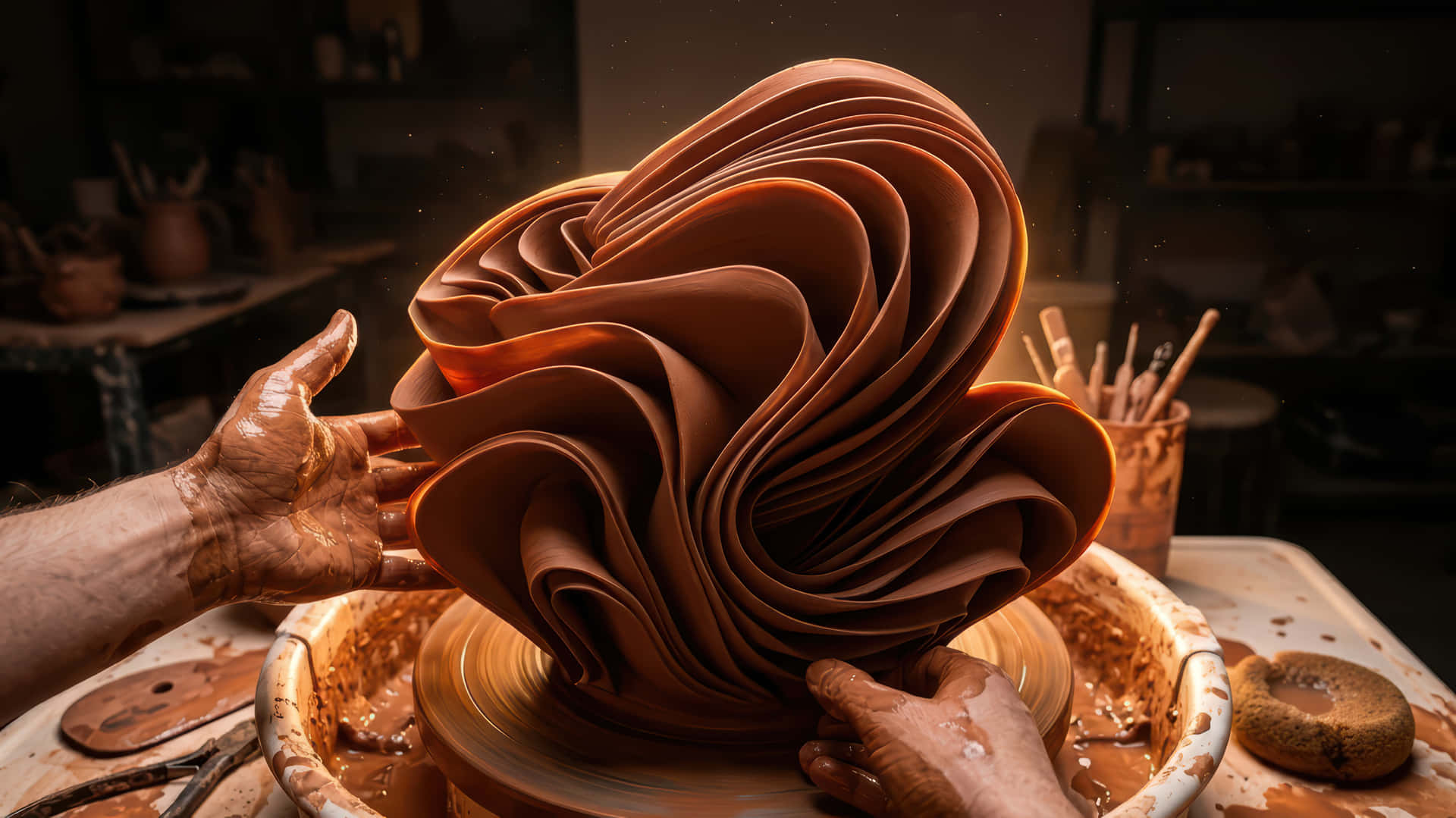 Hands manufacturing terracotta bloom modded wallpaper for windows desktop Enhancement, 壁紙 — 陶藝家的雙手在昏暗的工作室中，在旋轉的陶輪上塑造一個漩渦狀的棕色陶土雕塑。