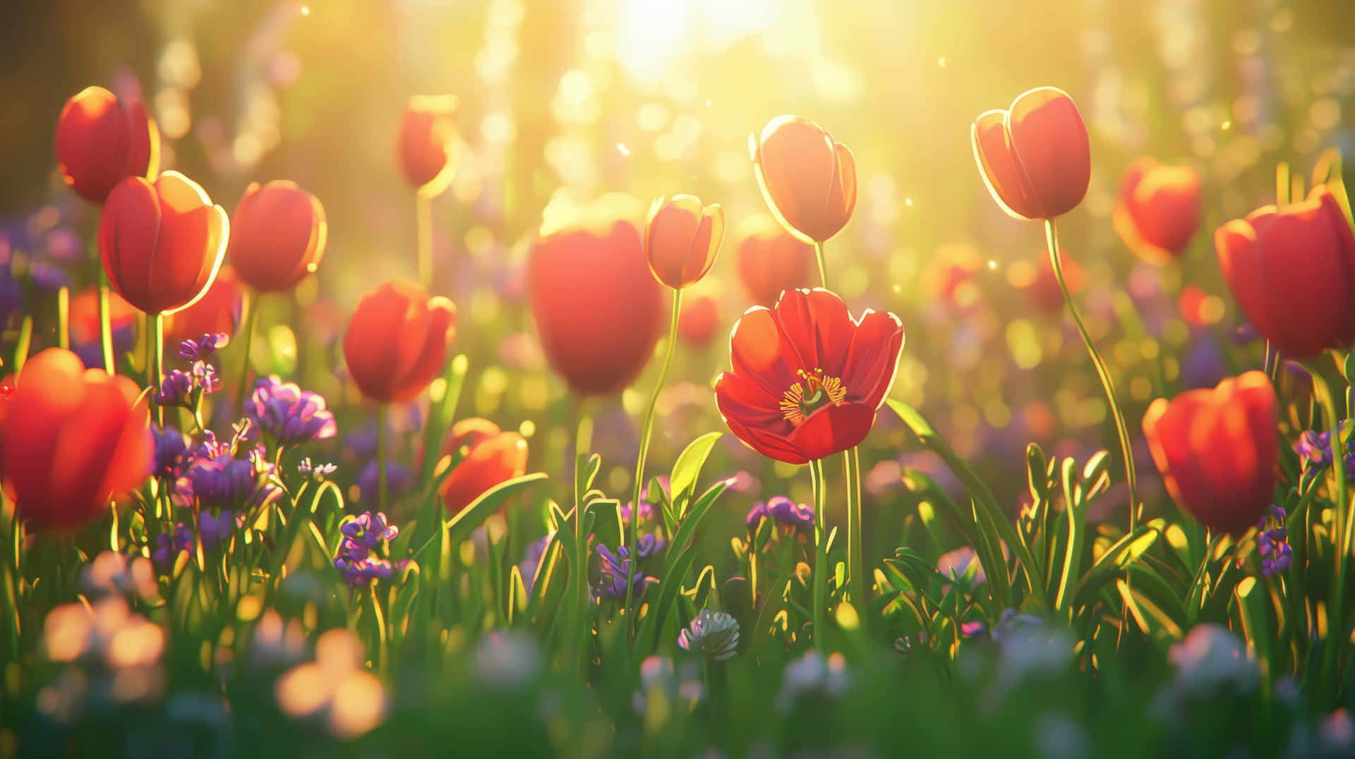 A beautiful tulip field bathed in golden sunlight, filled with red and purple flowers 壁紙 — 陽光以溫暖的金色光芒沐浴著一片充滿鮮紅色鬱金香和紫色野花的田野。
