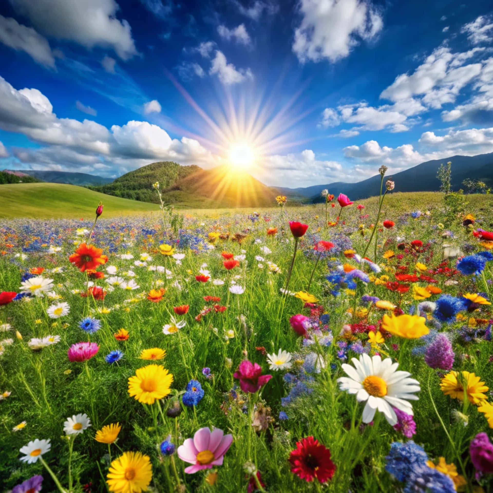 Flowers in nature with sun 壁紙 — 陽光四射，照耀在起伏的草地上，草地上開滿了色彩繽紛的野花，天空湛藍，白雲朵朵。