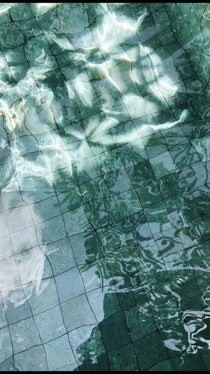 美學 桌布 壁紙 — 陽光在水面泛起漣漪，映照出碧綠泳池水面下灰色的瓷磚格柵。