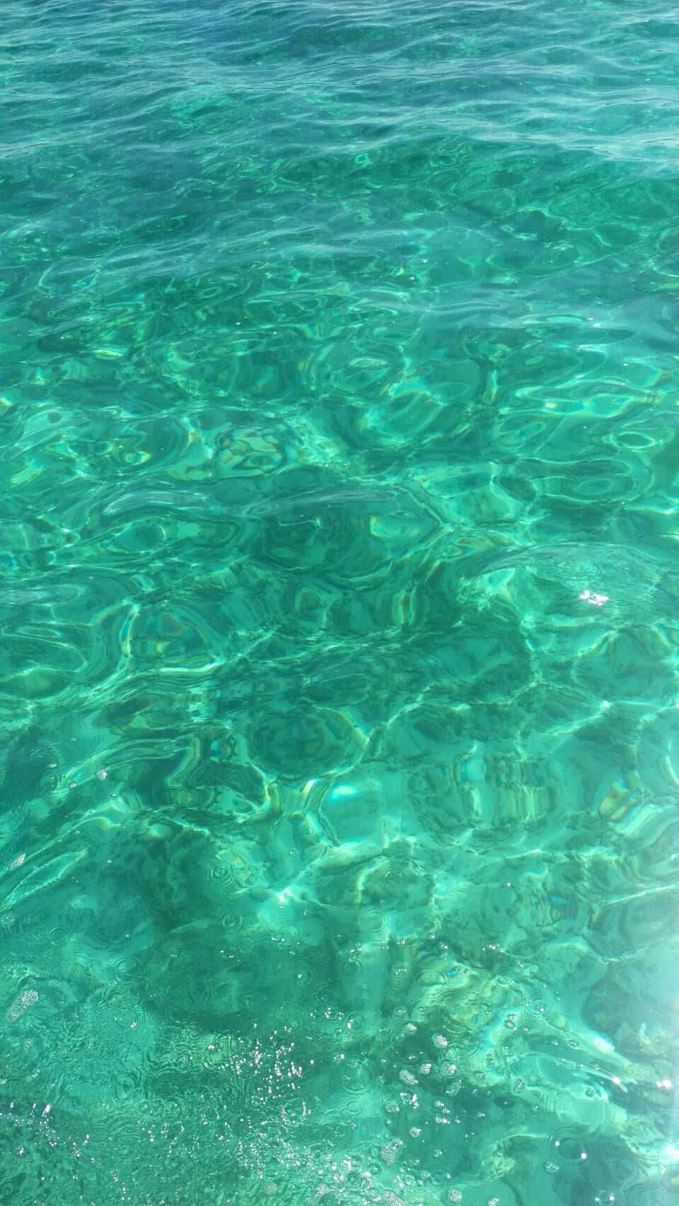 美學 桌布 壁紙 — 陽光在清澈見底的碧綠海水上舞動，顯露出柔和漣漪下的岩石海床。