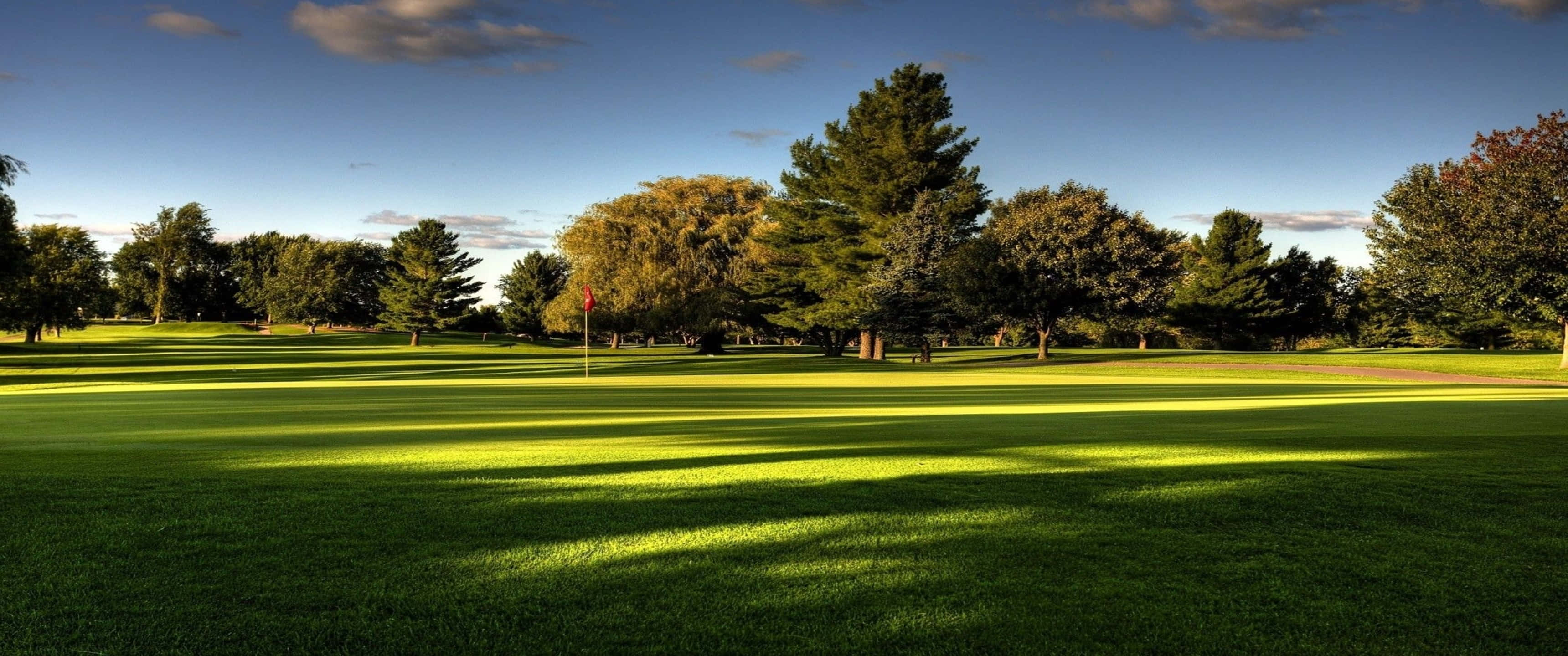 3440x1440p Golf Course 桌布 壁紙 — 陽光斑駁地灑在翠綠的高爾夫球場上，樹木在清澈的藍天下投下長長的影子。