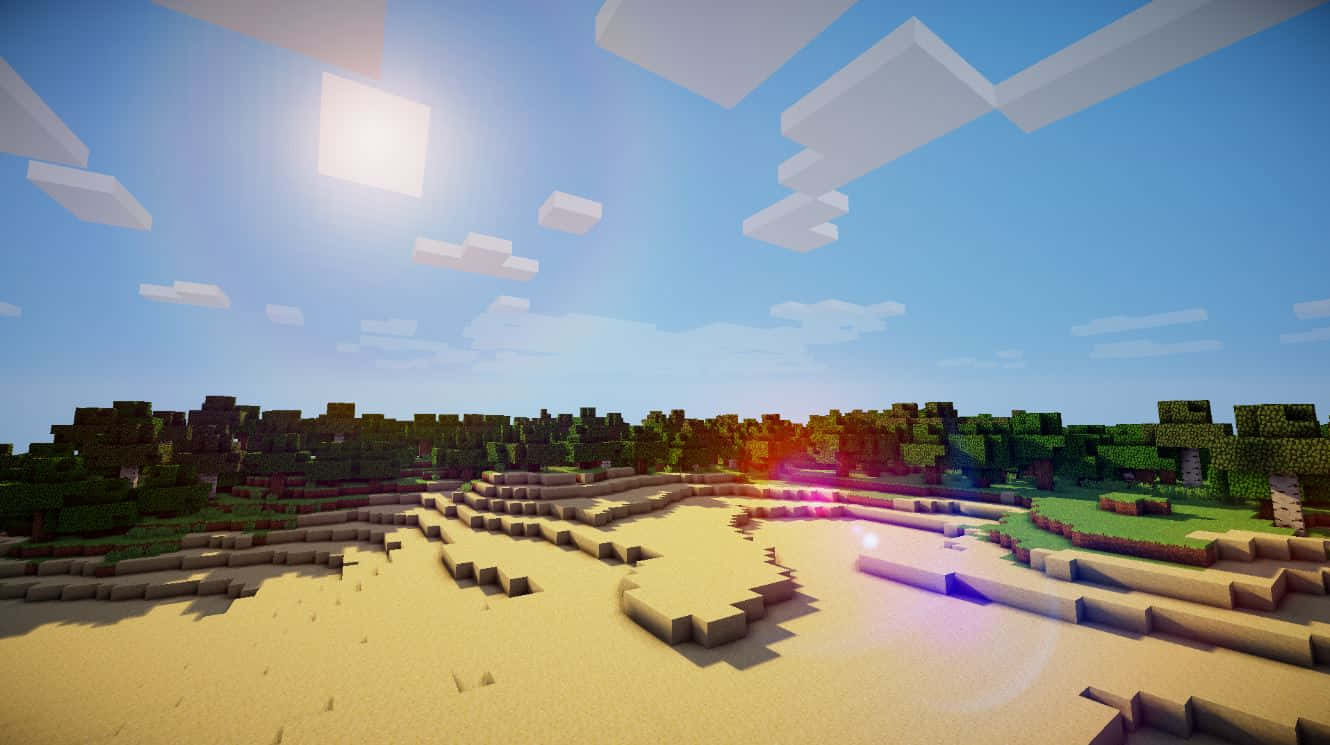 Minecraft Survival 桌布 壁紙 — 陽光明媚的Minecraft沙漠生物群落，有方塊狀沙丘和遠處樹木，天空晴朗藍天白雲。