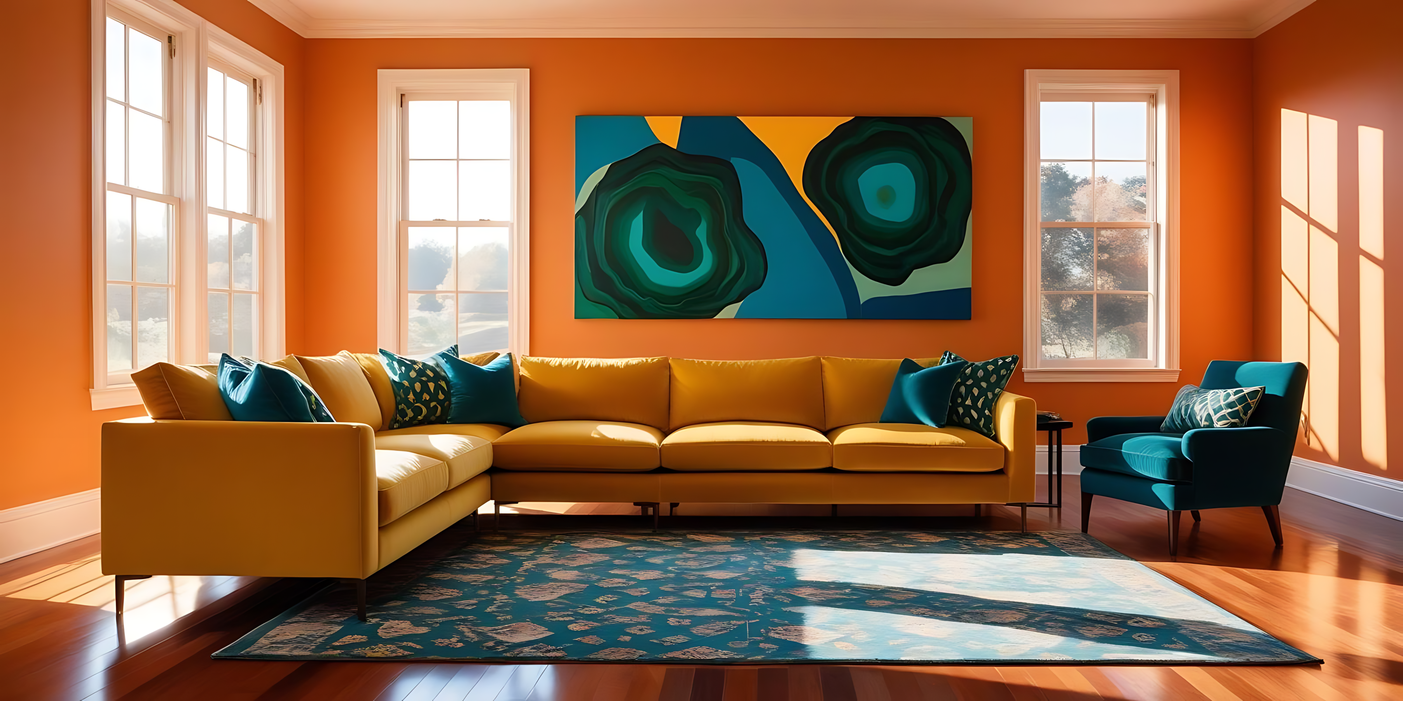 Living Room 桌布 壁紙 — 陽光明媚的客廳，橙色牆壁，芥末黃沙發和藍綠色扶手椅，下方掛著大膽的抽象畫。