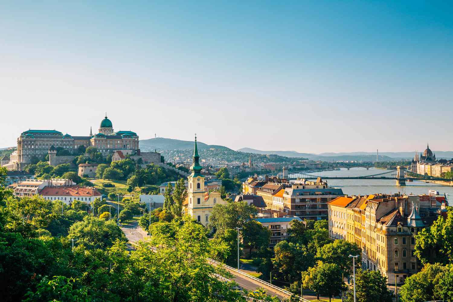 Hungary 桌布 壁紙 — 陽光明媚的布達佩斯全景，展示歷史悠久的城堡山、河流、橋樑和色彩繽紛的建築，四周環繞著茂密的綠樹。