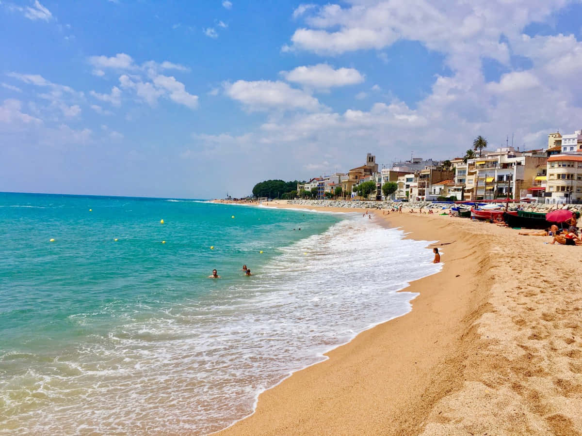 French Beach 桌布 壁紙 — 陽光明媚的海灘場景，有碧綠色的海水、溫柔的海浪，人們在明亮的藍天和零星雲朵下享受海岸。