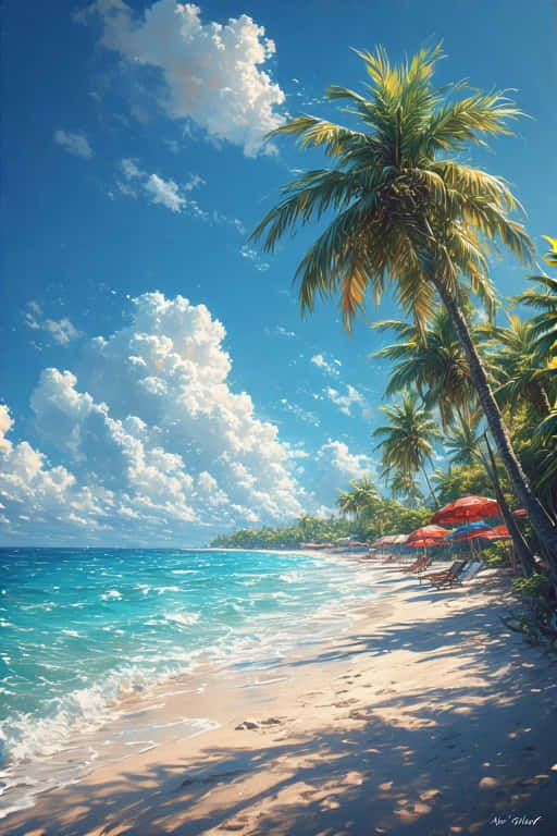 Tropical Beach Paradise with Palm Trees Stunning Summer 4K 壁紙 — 陽光明媚的熱帶海灘，碧綠的海浪拍打在金色的沙灘上，湛藍的天空點綴著蓬鬆的白雲。