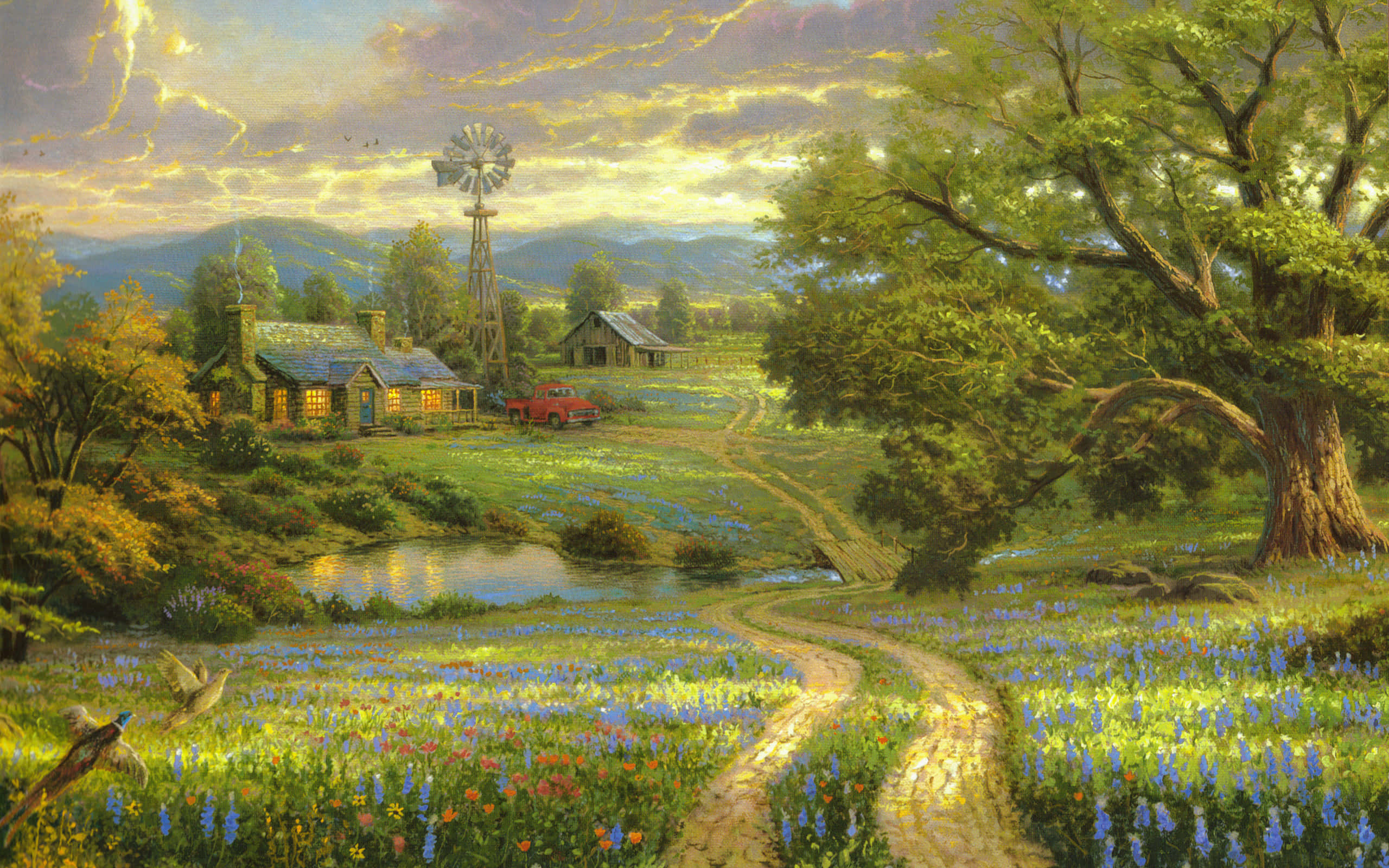 Beautiful Painting 桌布 壁紙 — 陽光明媚的田園風光，蜿蜒的小路穿過野花，通往池塘和風車旁舒適的農舍。
