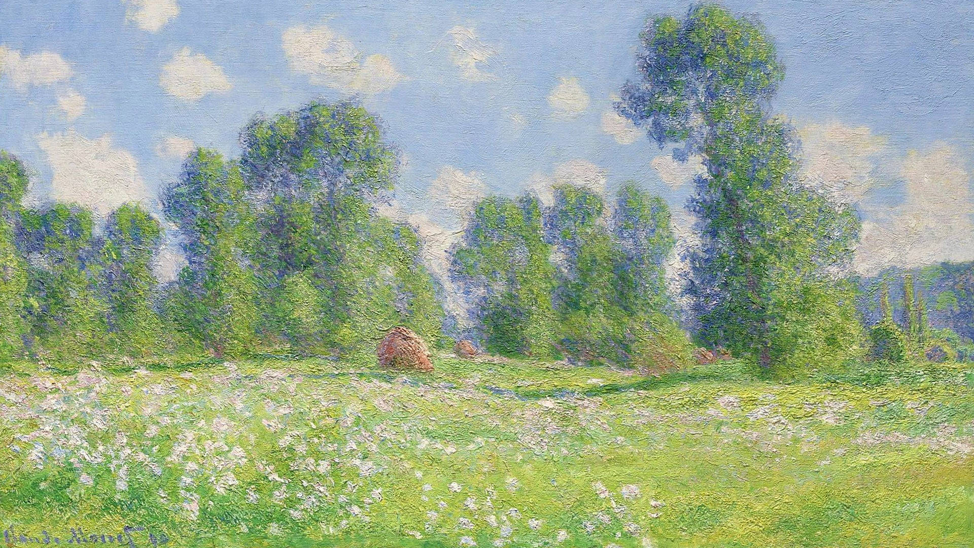 Painting 桌布 壁紙 — 陽光明媚的草地上開滿了白色野花，一直延伸到一排茂密的綠樹，上方是明亮的藍天，點綴著蓬鬆的白雲。
