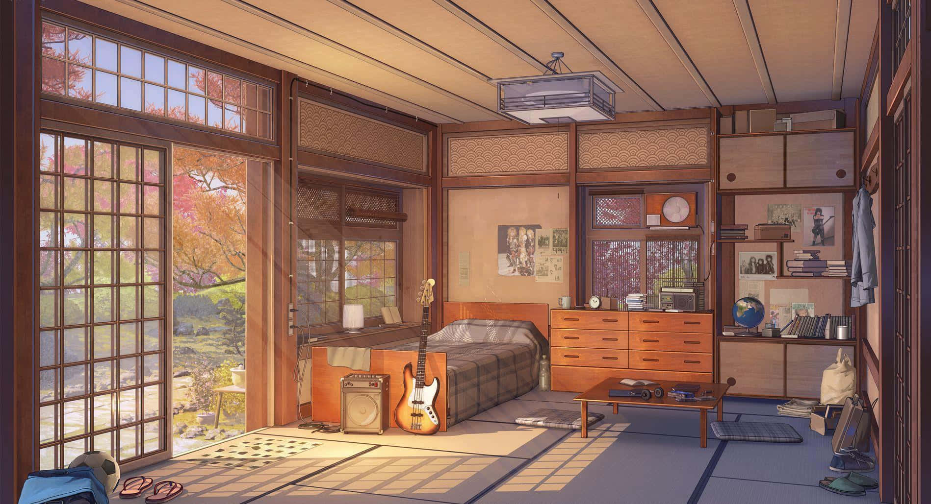 Anime Living Room 桌布 壁紙 — 陽光普照的傳統日式房間，鋪有榻榻米，放有吉他，透過障子門可看到秋天的樹木。