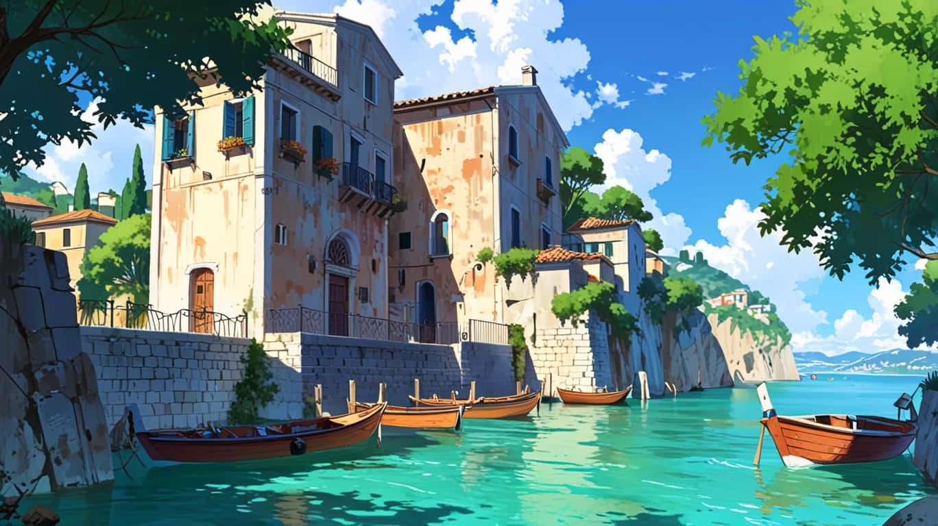 Italy City Animated 壁紙 — 陽光普照的地中海村莊，赤陶屋頂的建築物坐落在懸崖上，俯瞰著碧綠的海水，下方停泊著木船。
