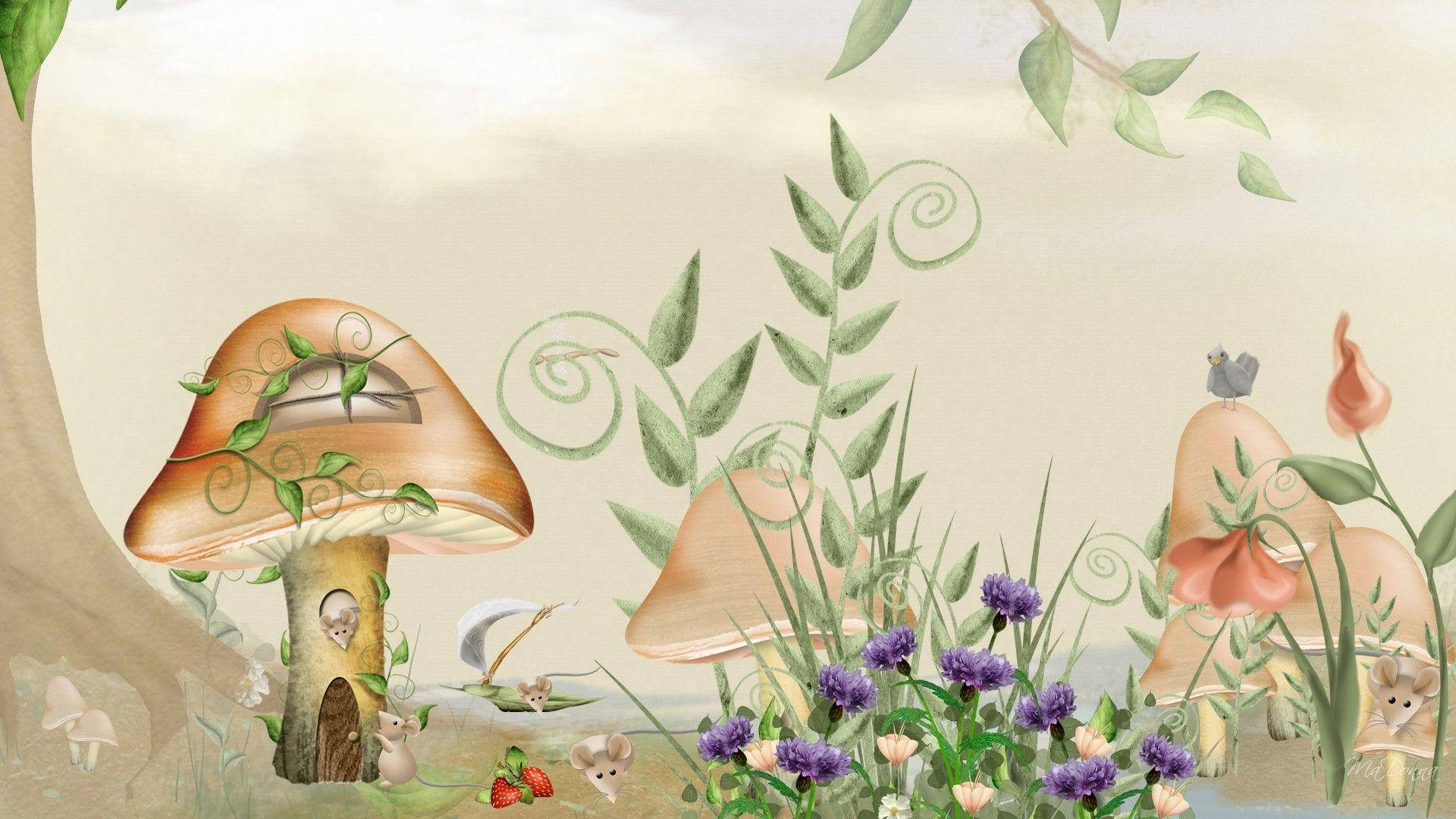 奇幻 桌布 壁紙 — 陽光普照的森林空地中，童話般的蘑菇小屋，伴隨著小老鼠和紫色花朵。
