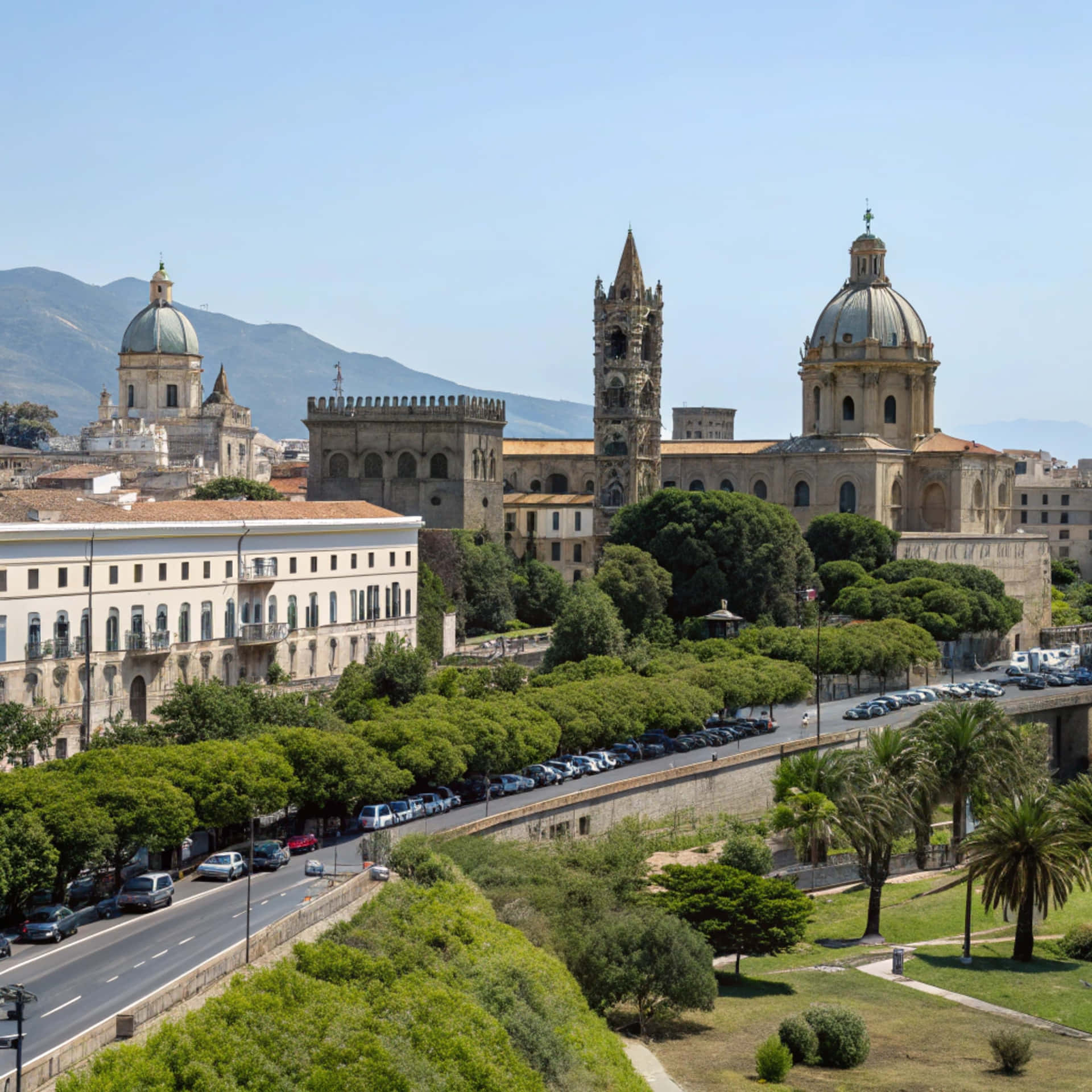 Palermo skyline 壁紙 — 陽光普照的歷史城市景觀，擁有圓頂大教堂、石塔和沿著繁忙道路排列的茂密綠樹，背景是遠山。