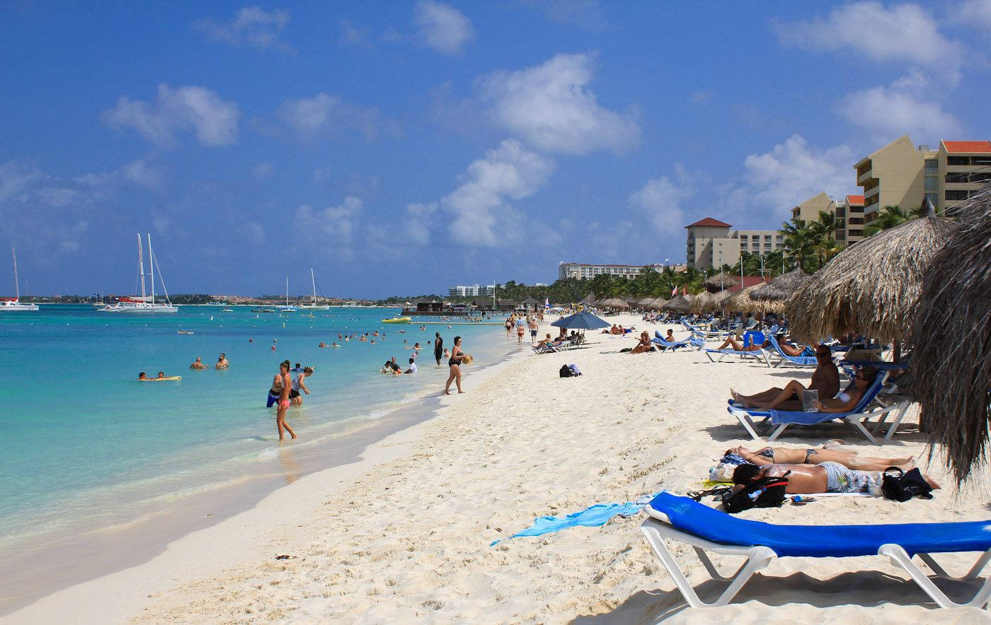 Aruba 桌布 壁紙 — 陽光普照的熱帶海灘，碧綠的海水，人們在茅草傘下的藍色椅子上休息，帆船點綴著地平線。