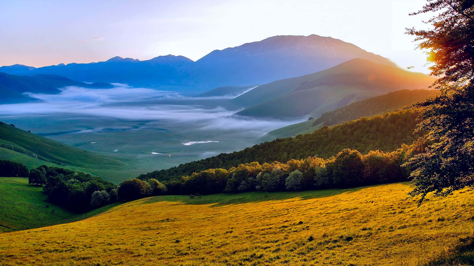 Nature Scenes 桌布 壁紙 — 陽光沐浴著金色的山丘和霧氣瀰漫的山谷，遠方山巒在柔和黎明天空下升起。