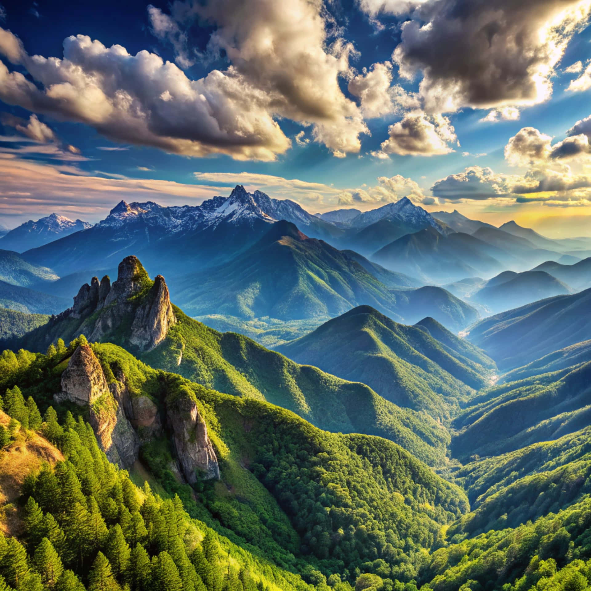 Panoramic view of the mountains 壁紙 — 陽光沐浴著鬱鬱蔥蔥的綠色山脈和參差不齊的岩石形成，在戲劇性的天空下，有蓬鬆的雲朵和遠處白雪皚皚的山峰。