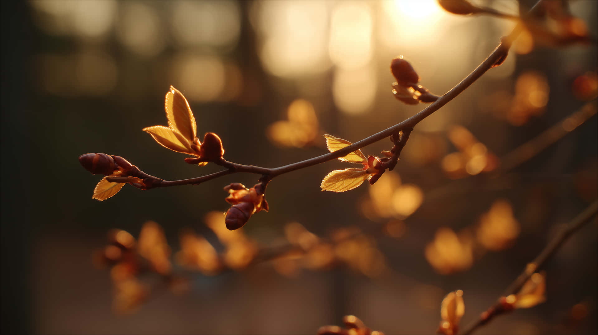 Sunlit Buds and Young Leaves with Warm Bokeh 壁紙 — 陽光溫暖地穿過細長樹枝上嬌嫩的新葉和花蕾，映襯著柔和模糊的背景。