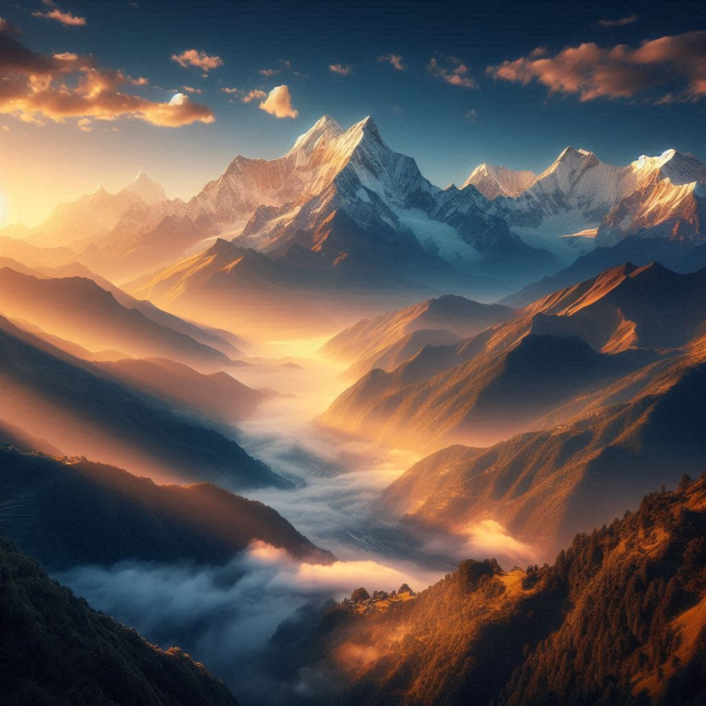 Skyy Moore 桌布 壁紙 — 陽光灑在積雪的山峰上，金光閃閃，薄霧在山谷中翻滾。