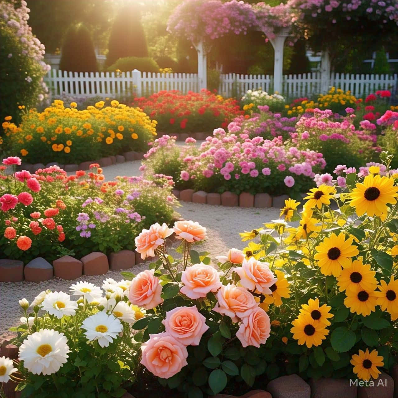 Flower for wallpapers 壁紙 — 陽光灑落在一個充滿活力的花園，沿著一條由白色尖樁籬笆圍繞的碎石小徑，盛開著粉紅玫瑰、黃色向日葵、白色雛菊和色彩繽紛的花朵。