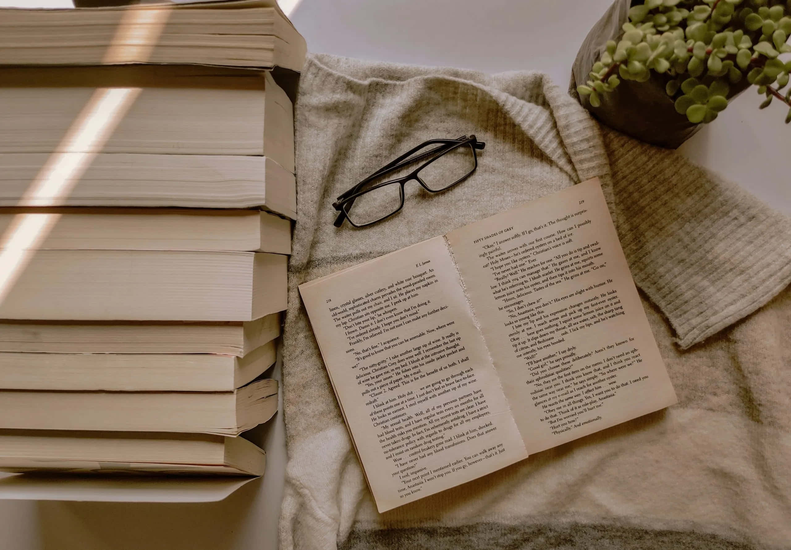 Aesthetic Books 桌布 壁紙 — 陽光灑落在一個舒適的閱讀角落，有堆疊的書籍、一本打開的小說和放在有質感毯子上的眼鏡。