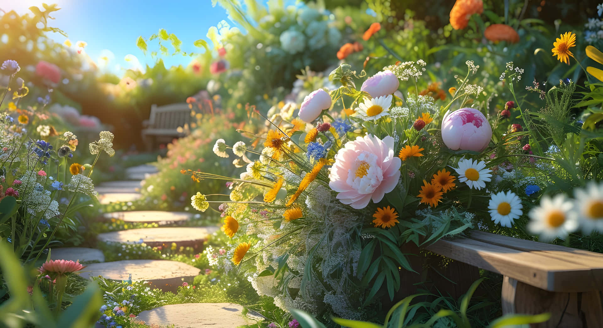 Gardens flower 壁紙 — 陽光灑落在充滿活力的花園小徑上，小徑兩旁種滿了色彩繽紛的野花，還有一張木製長椅，上面擺滿了粉紅色的牡丹、雛菊和橙色的花朵。