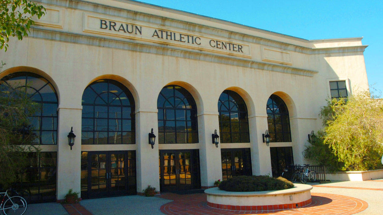 建築 桌布 壁紙 — 陽光照射下的Braun Athletic Center外牆，拱形窗戶和磚砌步道被綠植環繞。