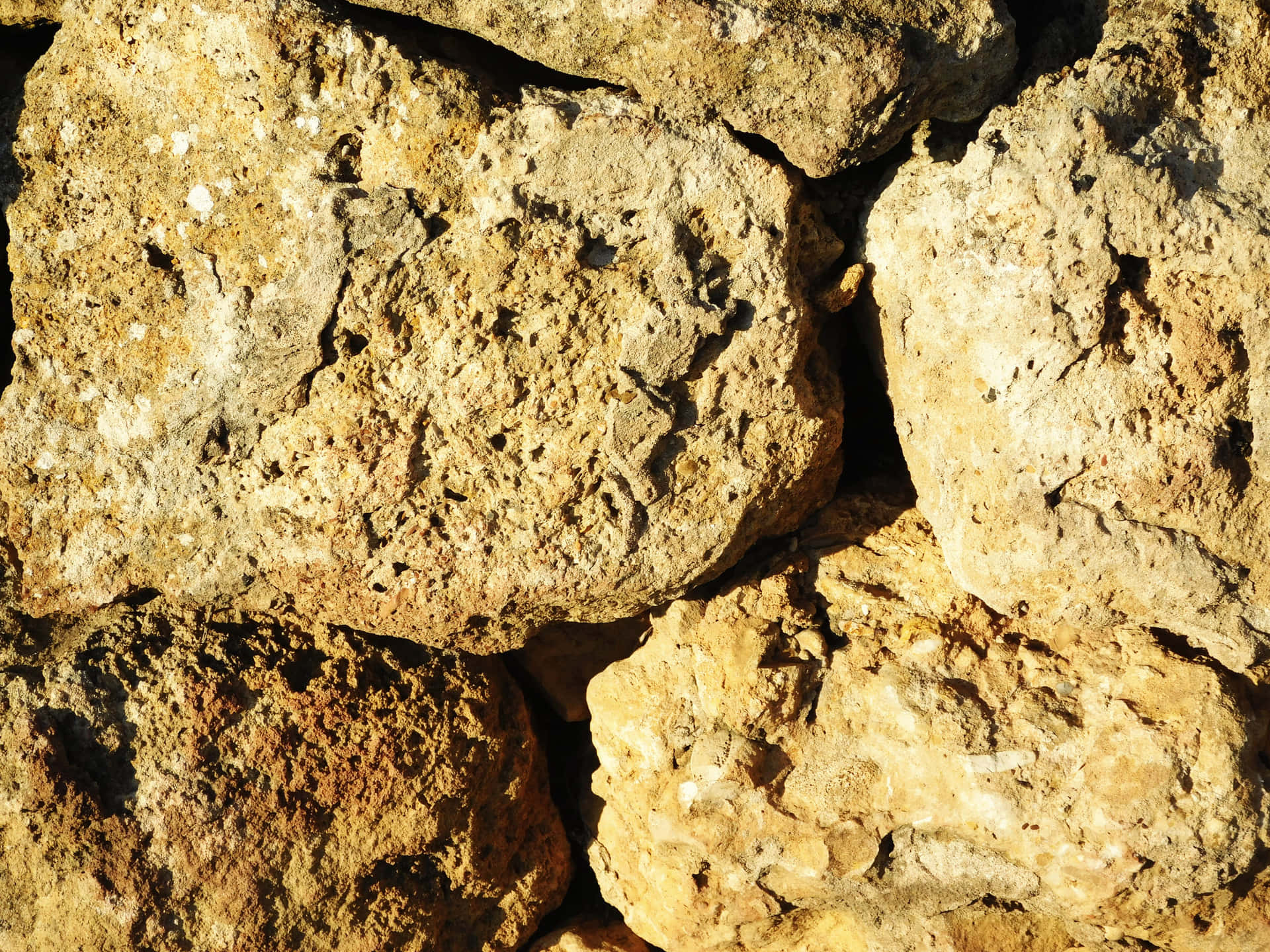 Stone texture 壁紙 — 陽光照射下的特寫，粗糙紋理的石頭以溫暖的大地色調形成質樸的牆壁。