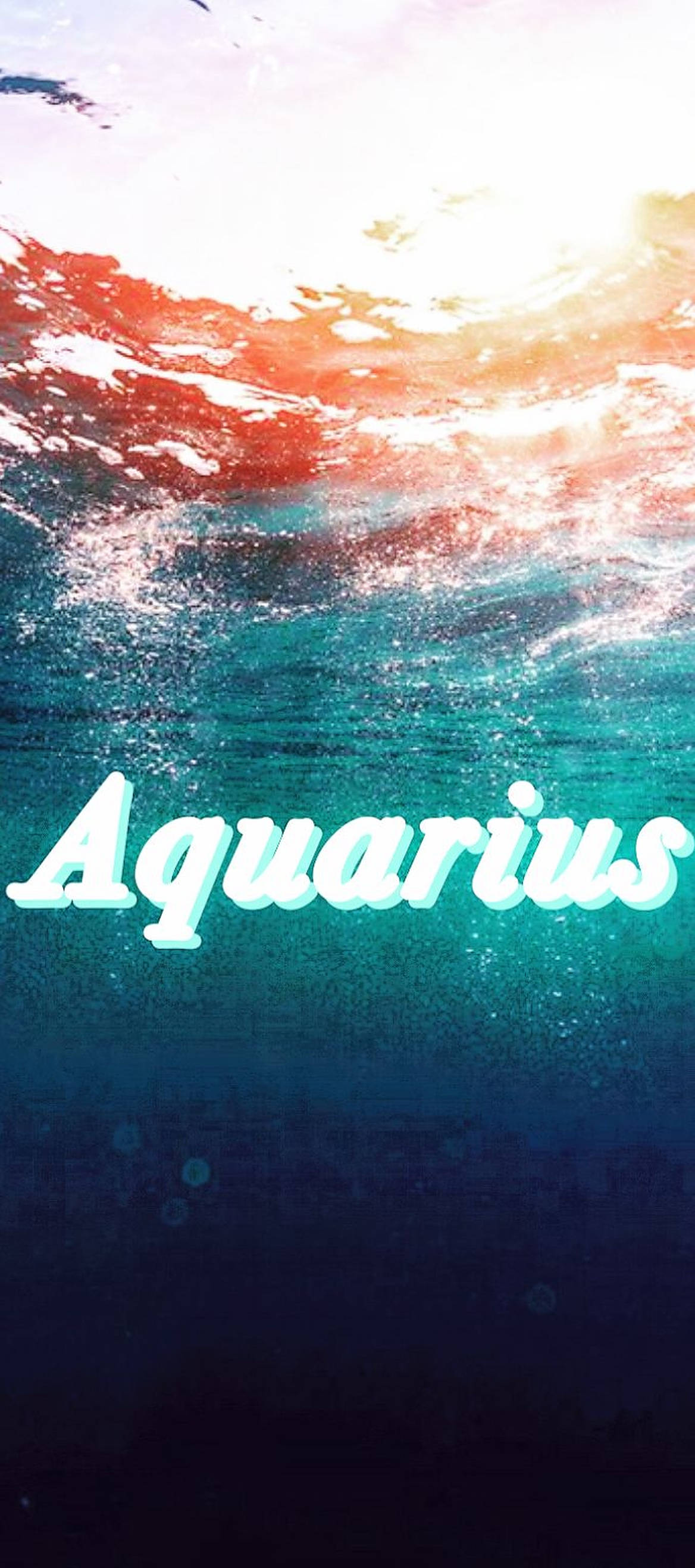 aquarius 桌布 壁紙 — 陽光照射的海浪水下景觀，發光的水瓶座文字漂浮在藍綠色水中。