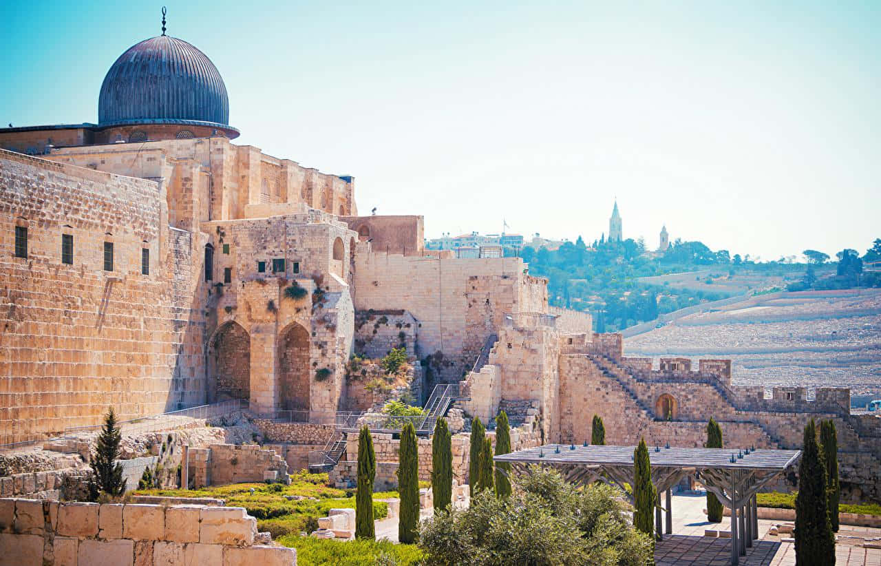 Israel 桌布 壁紙 — 陽光照耀下的古老石牆和圓頂清真寺，在晴朗的藍天下與遠山和柏樹相映成趣。