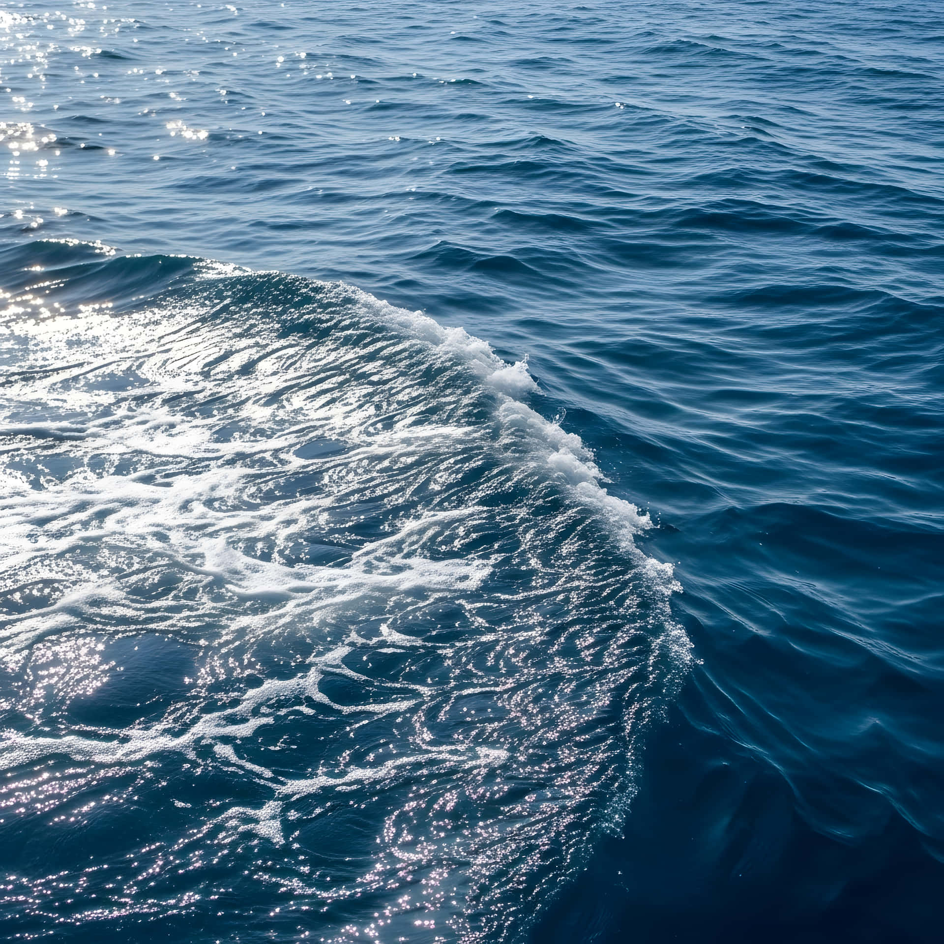 Ocean water surface 壁紙 — 陽光照耀在深藍色海浪上，一道白色泡沫尾跡優雅地彎曲穿過水面。
