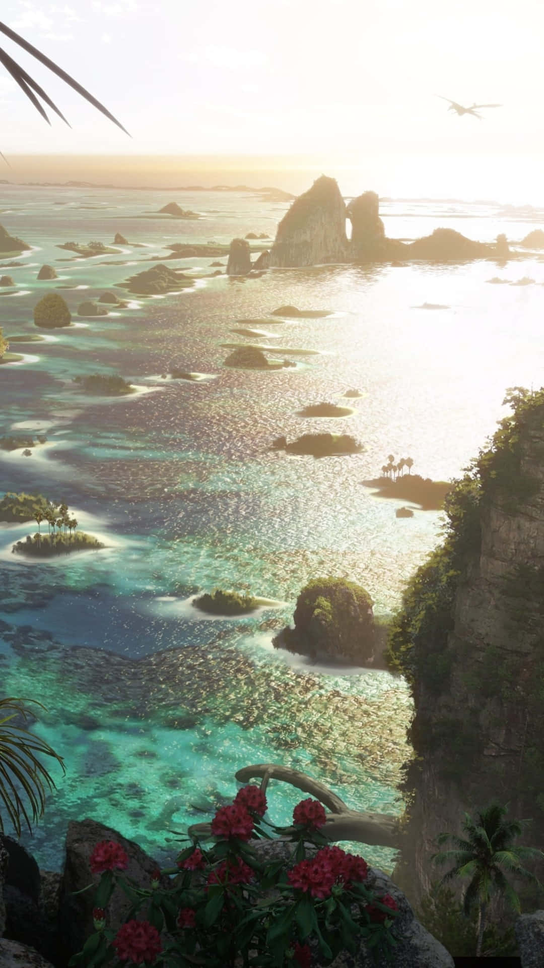 島嶼 桌布 壁紙 — 陽光照耀在碧綠色的海面上，點綴著鬱鬱蔥蔥的熱帶小島和懸崖，懸崖上點綴著鮮紅色的花朵。