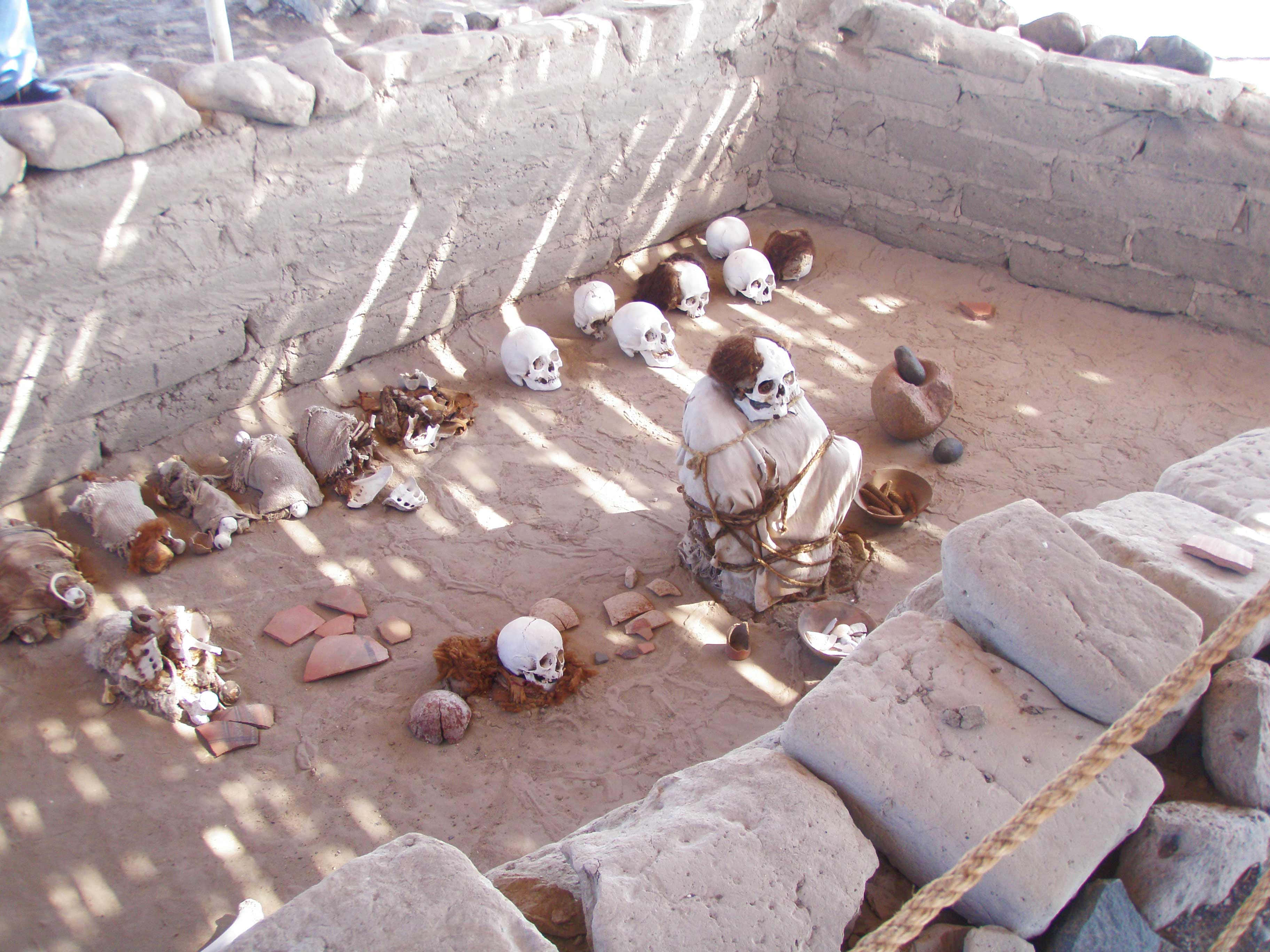 The Nazca Lines 桌布 壁紙 — 陽光照耀的古老石室展示人類頭骨和骨頭，以儀式性圖案排列在沙質地板上。