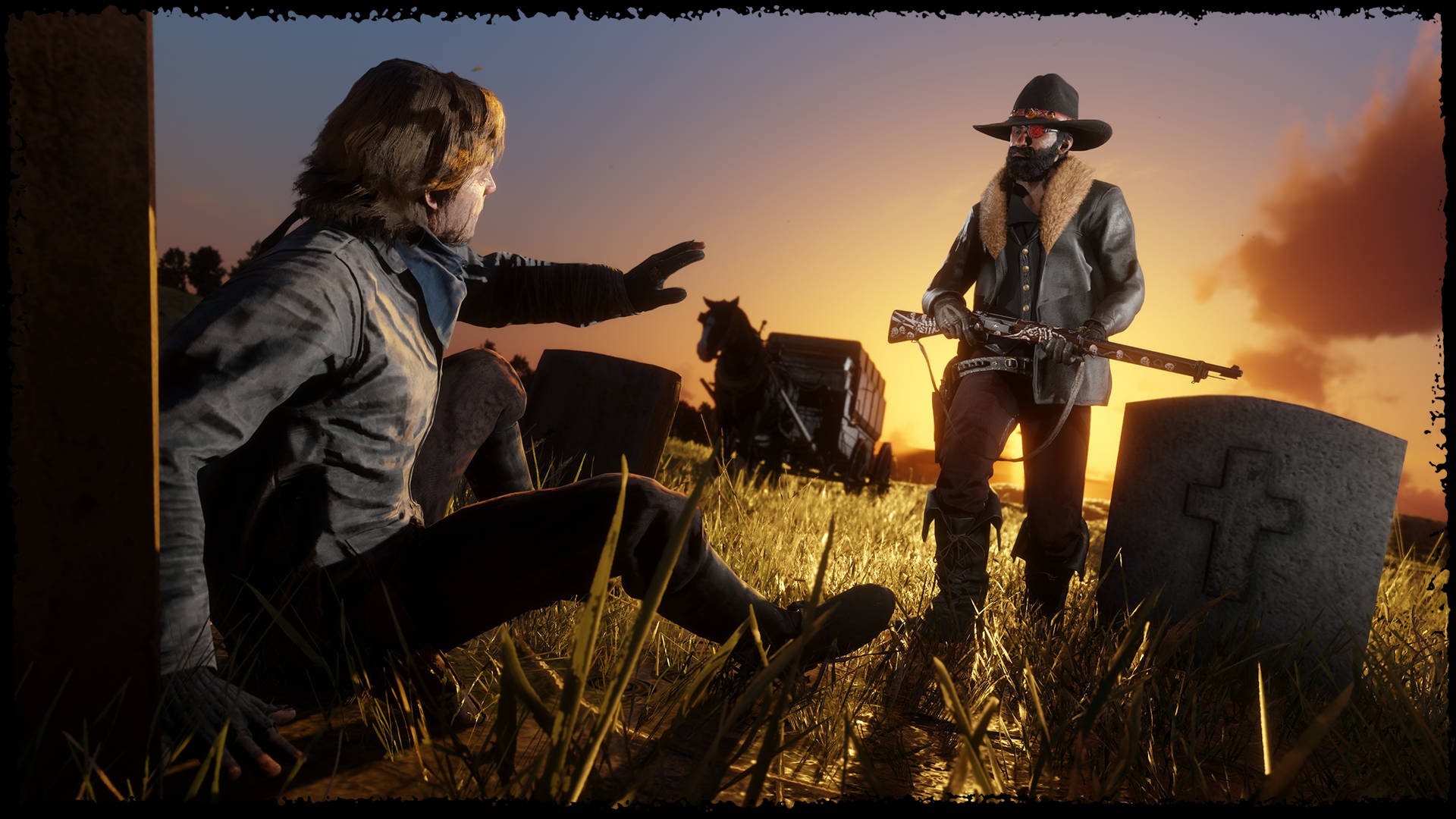 Red Dead Redemtion 2 桌布 壁紙 — 陽光照耀的墓園中，一名戴面具的亡命之徒手持步槍，與一名跪在風化墓碑前的男子緊張對峙。
