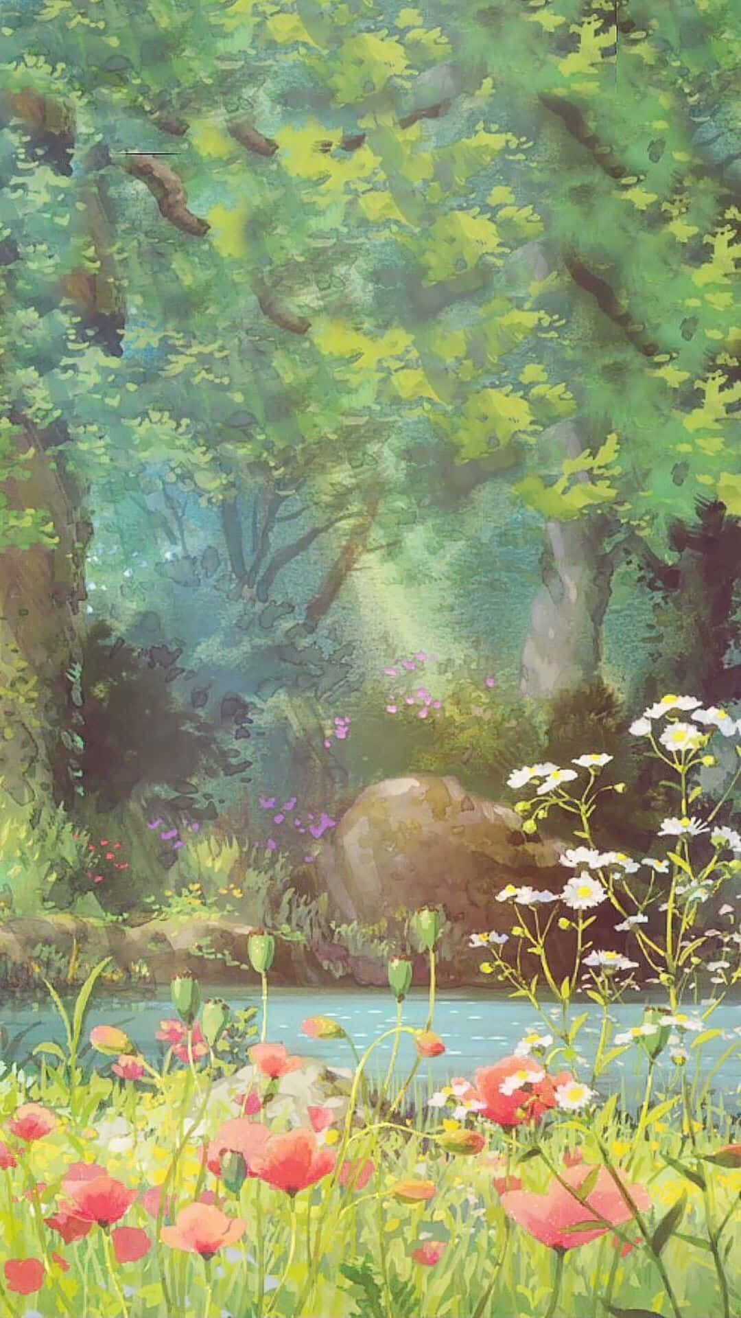 Anime Forest 桌布 壁紙 — 陽光照耀的森林幽谷，平靜溪流旁有一塊長滿苔蘚的石頭，周圍環繞著鮮紅的罌粟花和白色的雛菊。