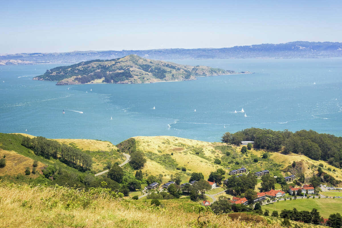 California Island 桌布 壁紙 — 陽光照耀的海灣全景，帆船在碧綠的海面上滑行，起伏的綠色山丘上點綴著紅頂房屋。