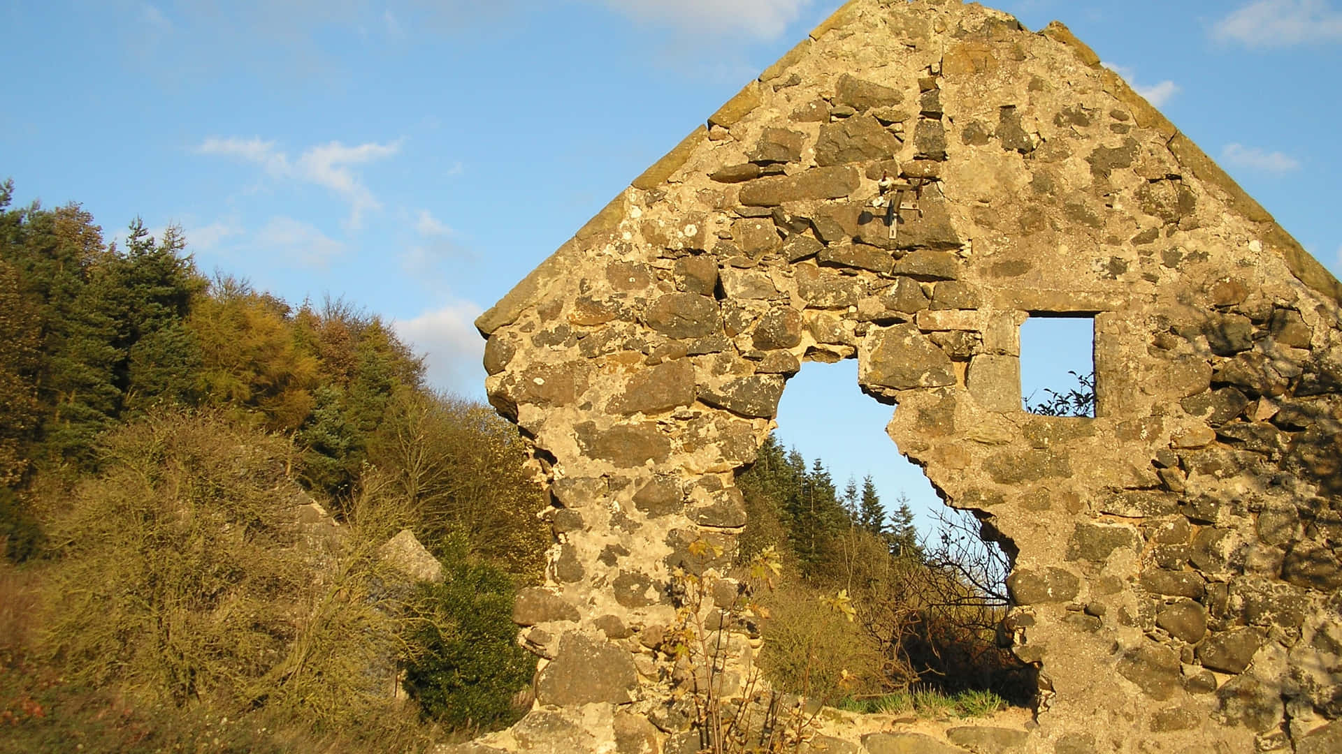 Cottage Ruin. 壁紙 — 陽光照耀的石頭廢墟，帶有鋸齒狀窗框，襯著藍天和秋林。