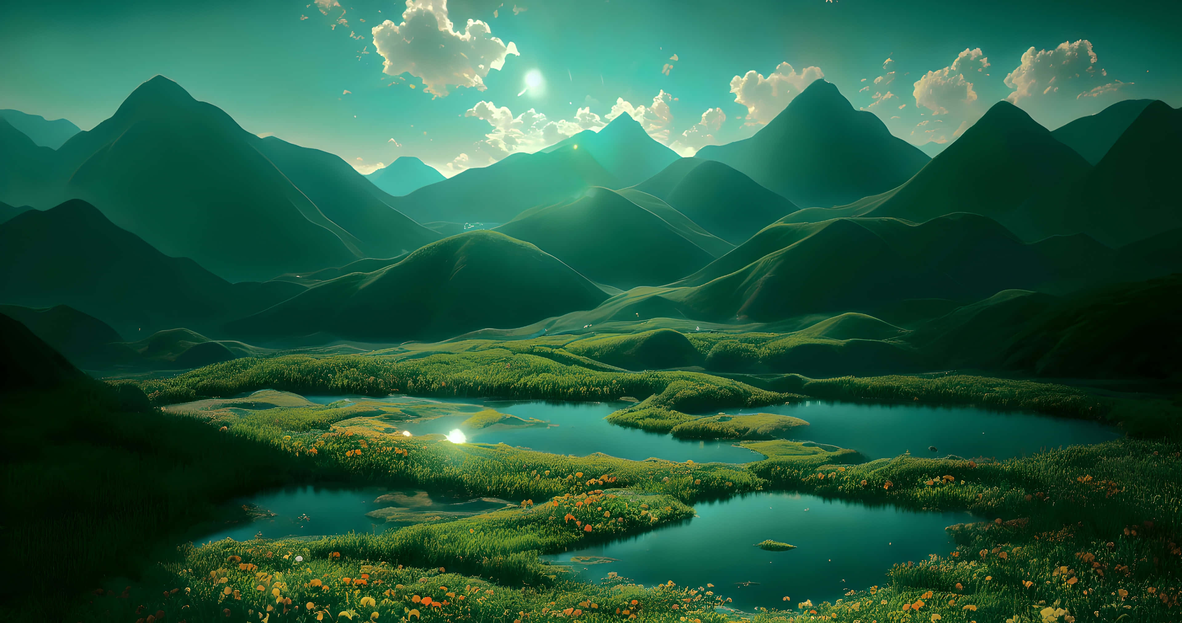 Scenery 桌布 壁紙 — 陽光照耀著一個寧靜的山谷，蜿蜒的河流和鬱鬱蔥蔥的綠色山脈在明亮的青綠色天空下。