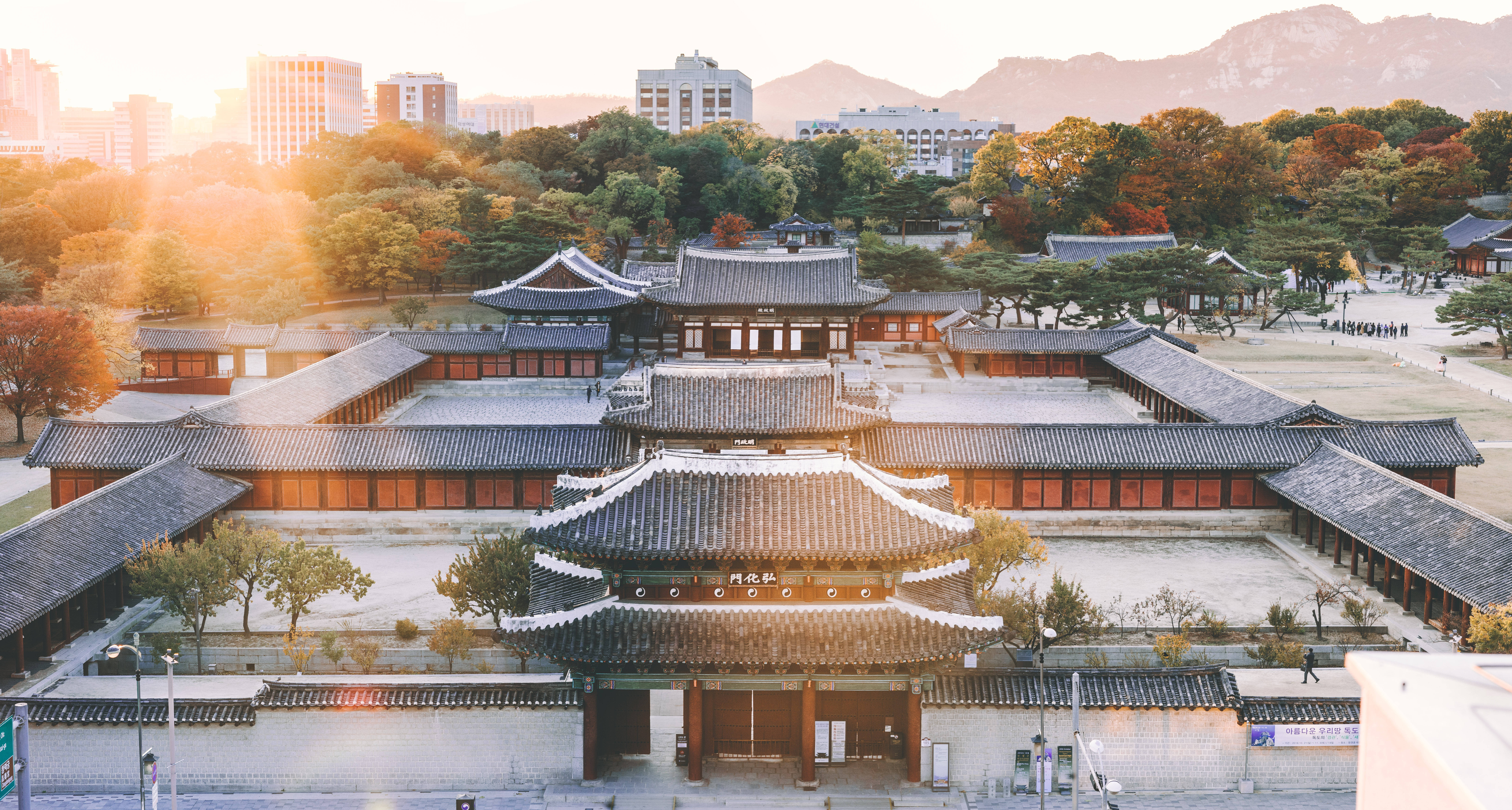 南韓 桌布 壁紙 — 陽光照耀著傳統韓國宮殿建築，周圍環繞著秋天的樹木和遠處的現代城市建築。