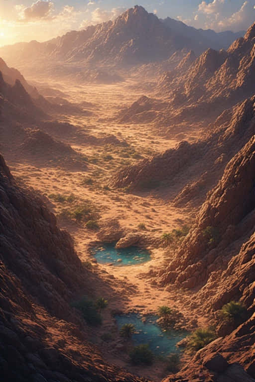 Desert Landscape with Oasis 8K Golden Hour 壁紙 — 陽光照耀著崎嶇的沙漠峽谷，顯露出在高聳的紅色岩層之間的碧綠水池和散落的棕櫚樹。