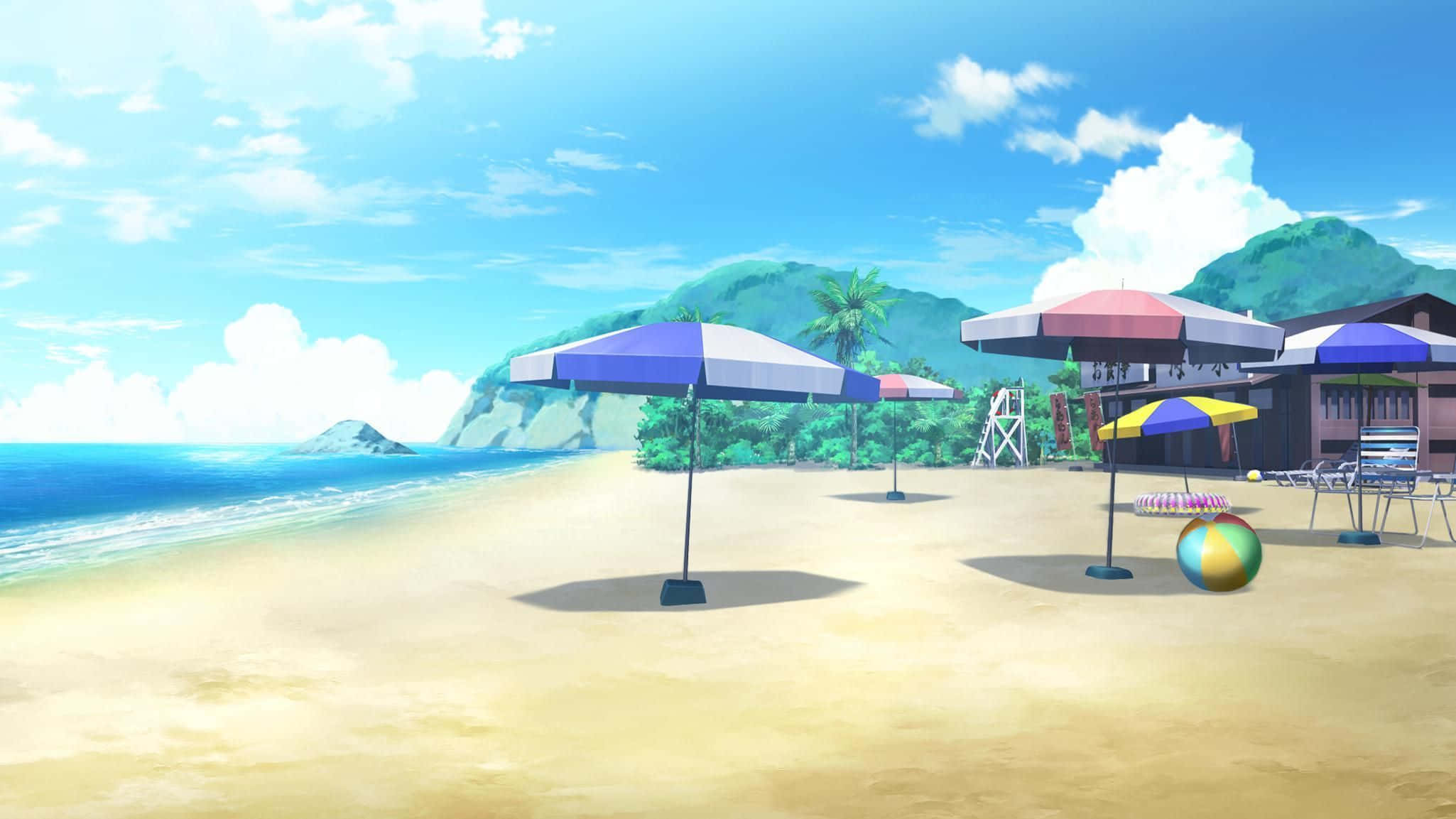 Gacha 桌布 壁紙 — 陽光燦爛的海灘，金色沙灘上有色彩繽紛的遮陽傘和彩虹球，藍天白雲。