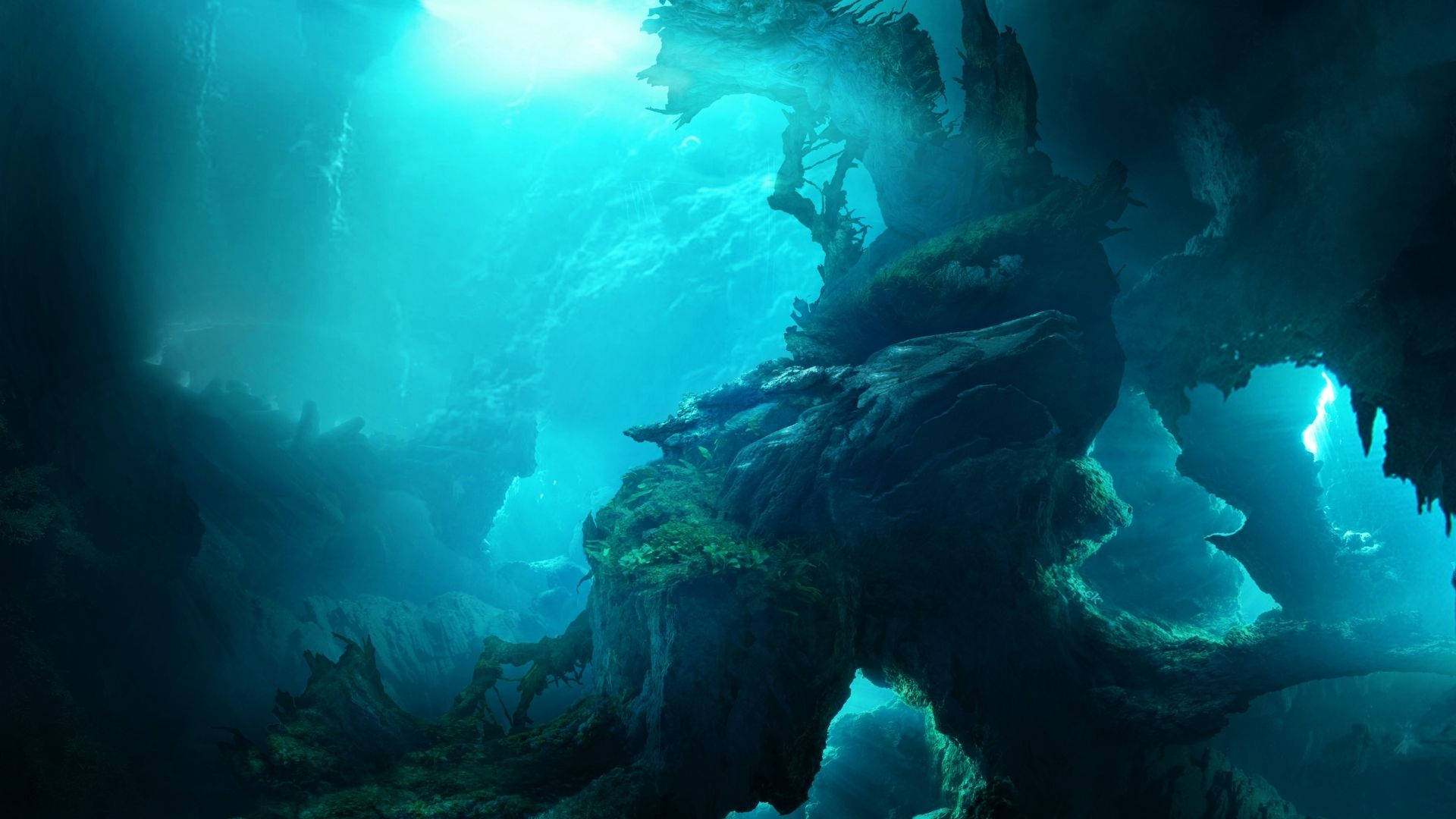 Cave 桌布 壁紙 — 陽光穿透一個被淹沒的洞穴，照亮深藍色水中長滿苔蘚的岩石結構。