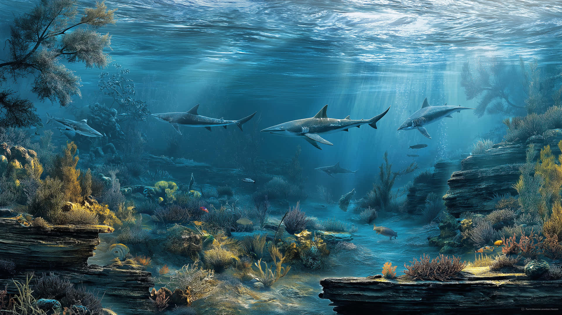 Prehistoric Ocean 壁紙 — 陽光穿透海面，照亮了在充滿活力的珊瑚礁上滑翔的鯊魚，珊瑚礁上有岩石露頭和多樣的海洋生物。