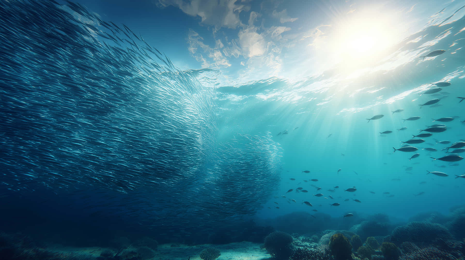 Massive Fish Swarm Under Radiant Ocean Surface 壁紙 — 陽光穿透海面，照亮珊瑚礁上方巨大旋轉的魚群。