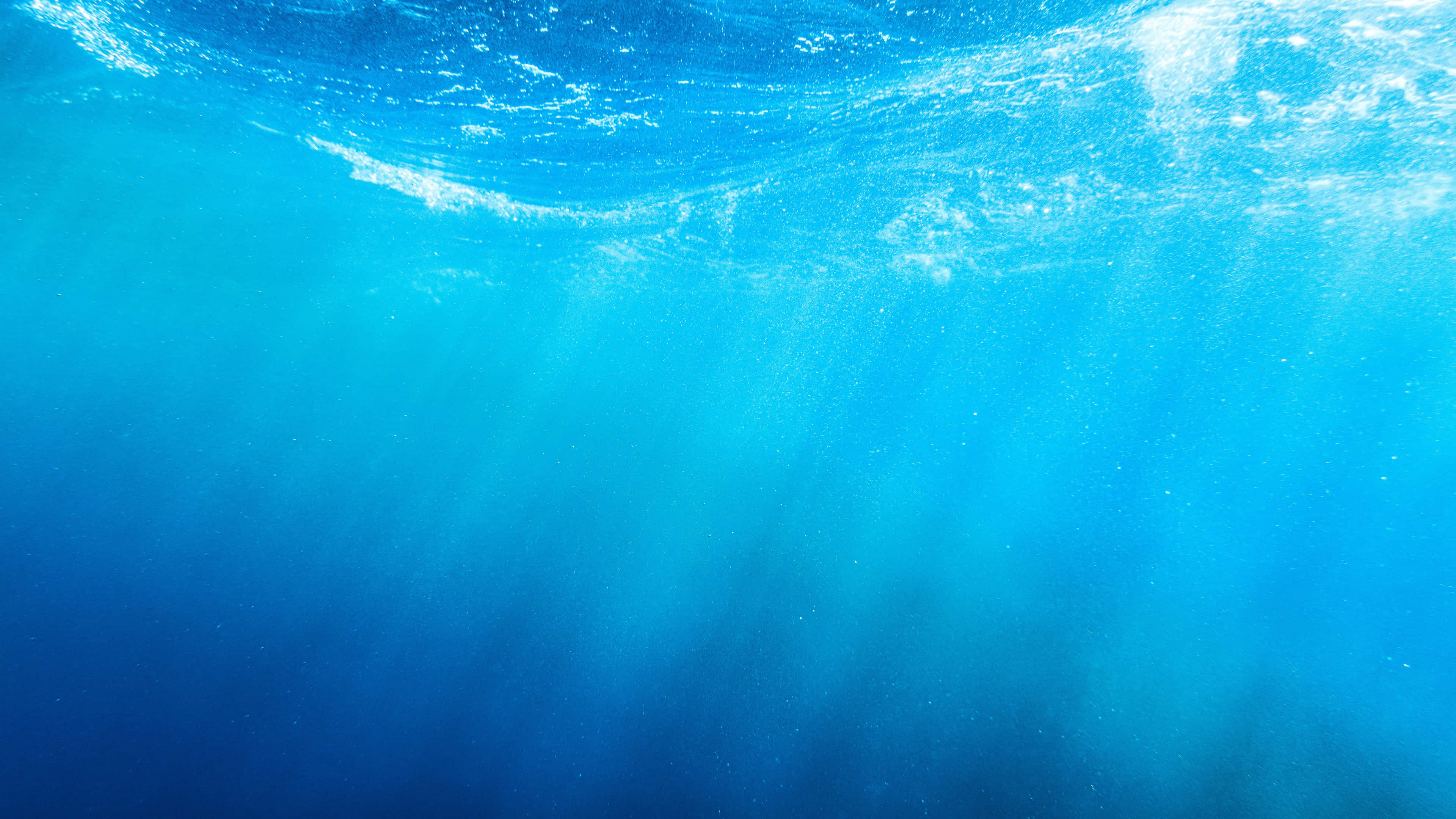 Underwater Ocean 桌布 壁紙 — 陽光穿透清澈湛藍的海水，在水面形成柔和漣漪，營造出寧靜的水下場景。
