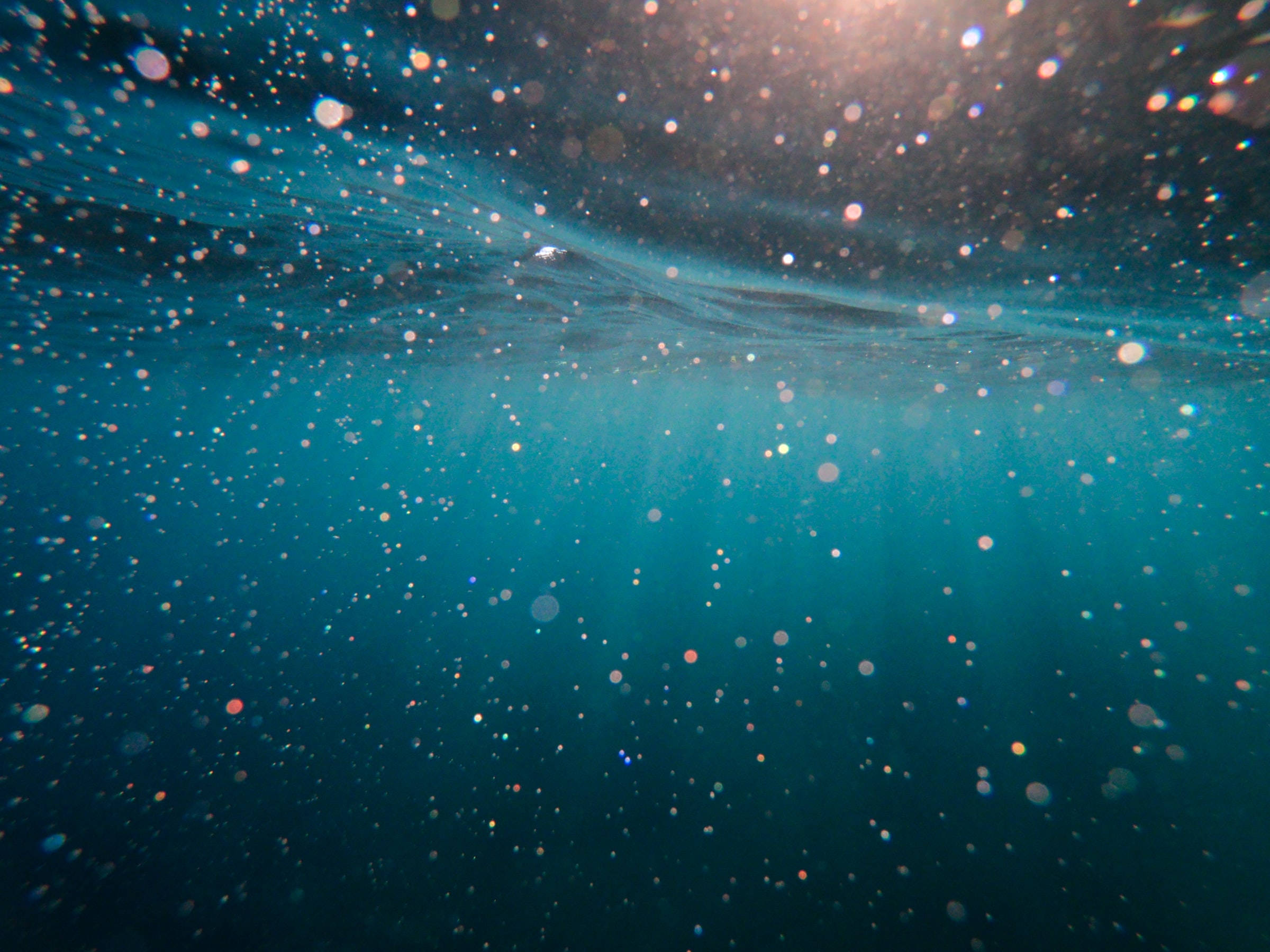 海洋藍 桌布 壁紙 — 陽光穿透碧綠色的海水，在水面形成閃爍的微粒和輕柔的漣漪。