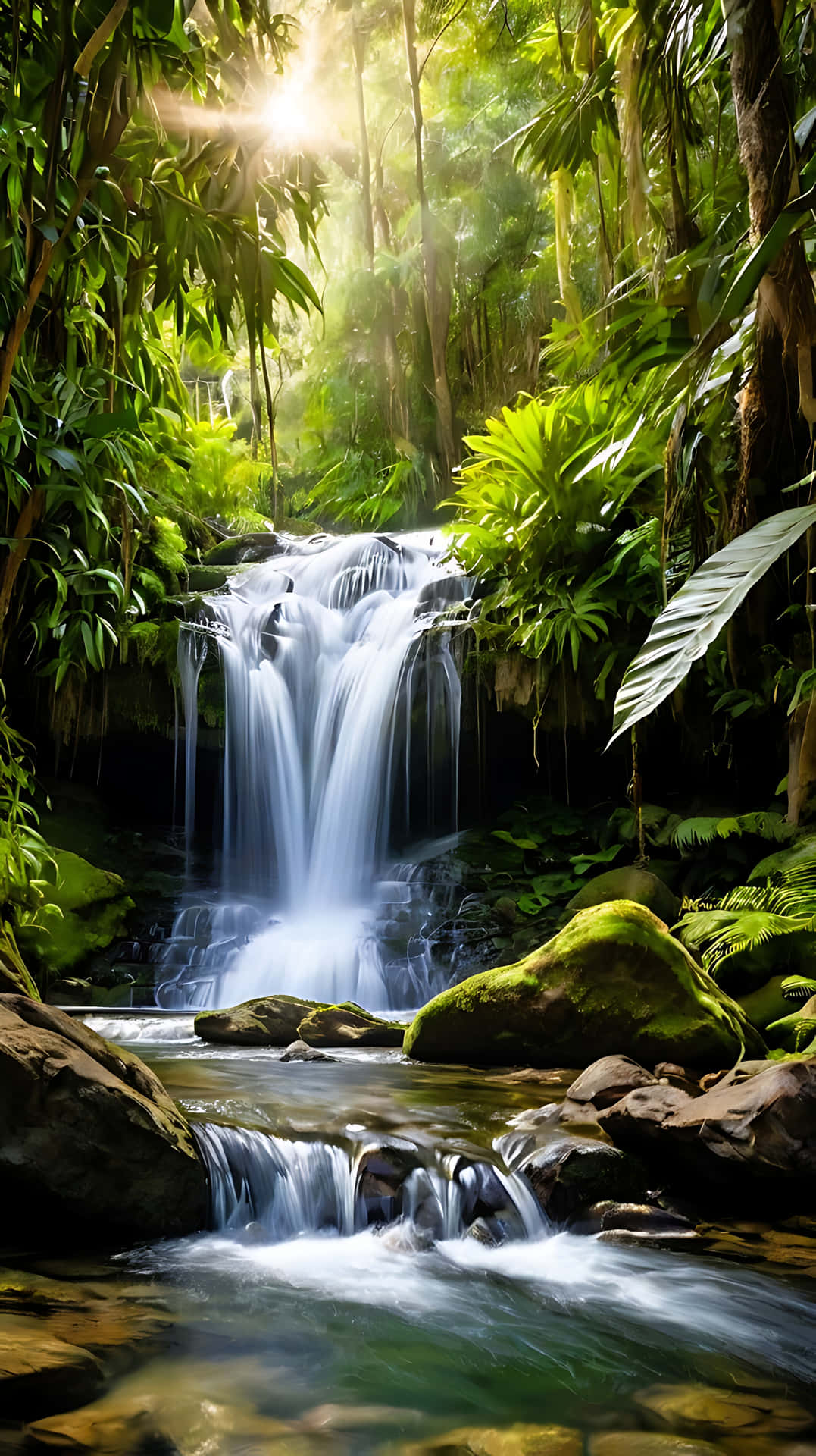 A Hidden Gem – Waterfall and River Oasis 壁紙 — 陽光穿透茂密的叢林樹冠，照亮了層疊的瀑布，水流過長滿苔蘚的岩石，流入清澈的小溪。