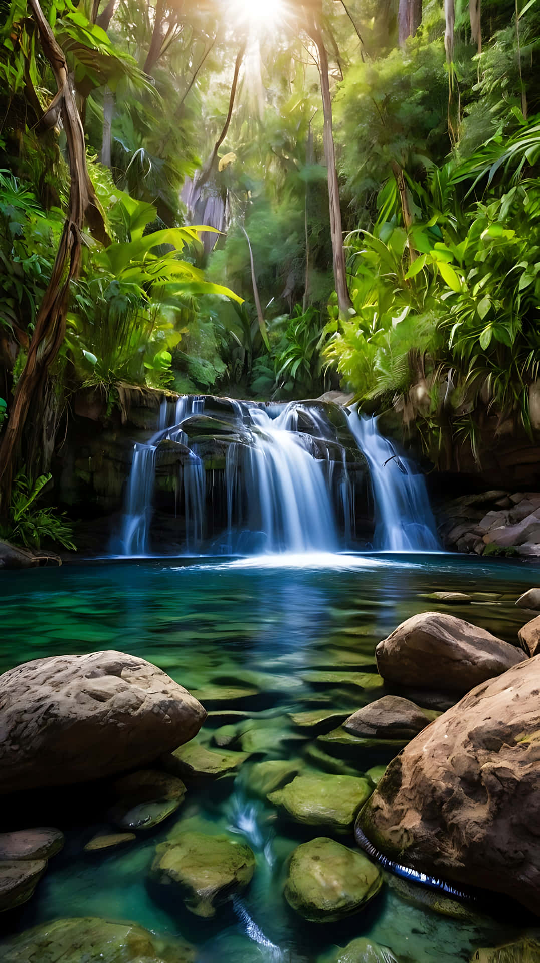 A Hidden Gem – Waterfall and River Oasis 壁紙 — 陽光穿透茂密的叢林樹冠，照亮了層疊的瀑布，流入一個被苔蘚岩石環繞的清澈碧綠水池。
