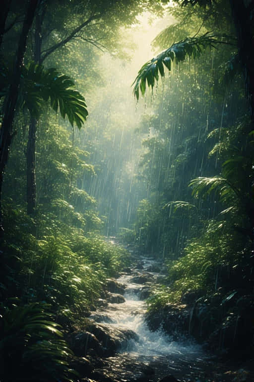 Realistic Rainforest in Summer Downpour 壁紙 — 陽光穿透茂密的熱帶叢林樹冠，照亮了在長滿苔蘚的岩石間蜿蜒流淌的湍急溪流。